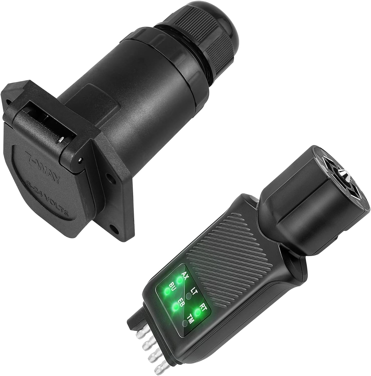 Oyviny RV 7 Pin Trailer Plug with IP68 Waterproof Seal + 3-in-1 Trailer Plug Tester 4/5 Pin Flat & 7 Pin Trailer Light Tester with Double-Sided LED Indicators