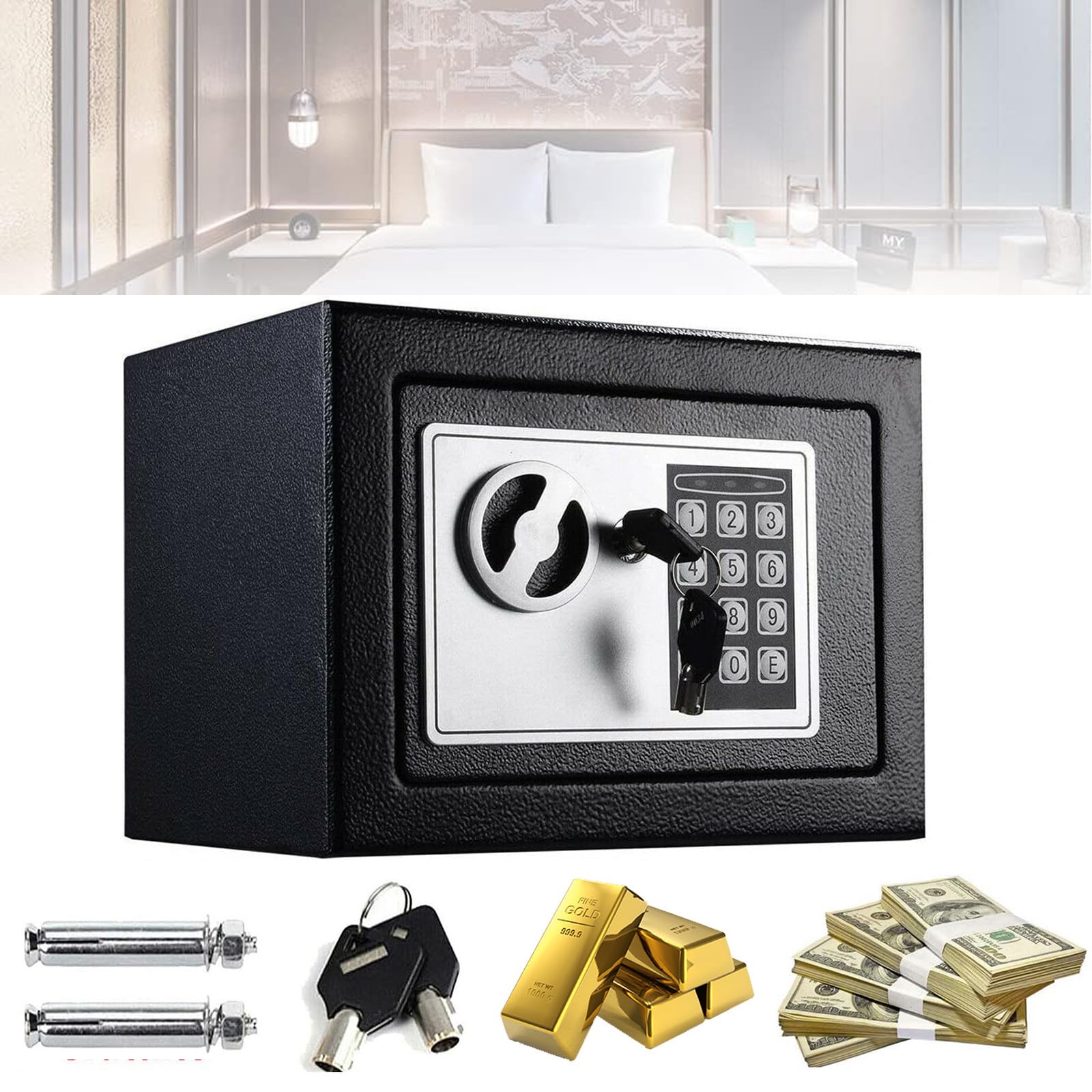 Small Digital Electronic Cash Money Safe Box, 4.6L Safety Wall Box Steel Safe Fireproof Password Cabinet Security Safes with Digital Keypad & 2 Key for Home Business Office Document Jewelry Gun, Black