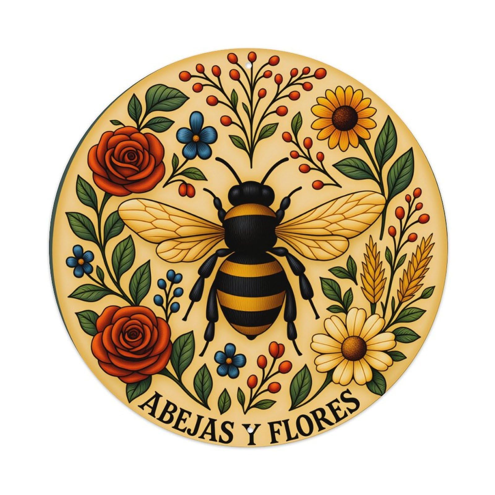 Bee Flowers Roses Daisies Leaves Vintage Metal Tin Sign Retro Wall Decor for Home Bar Garage Cafe, Indoor & Outdoor Decorative，circle Metal Poster, 8x8 Inch