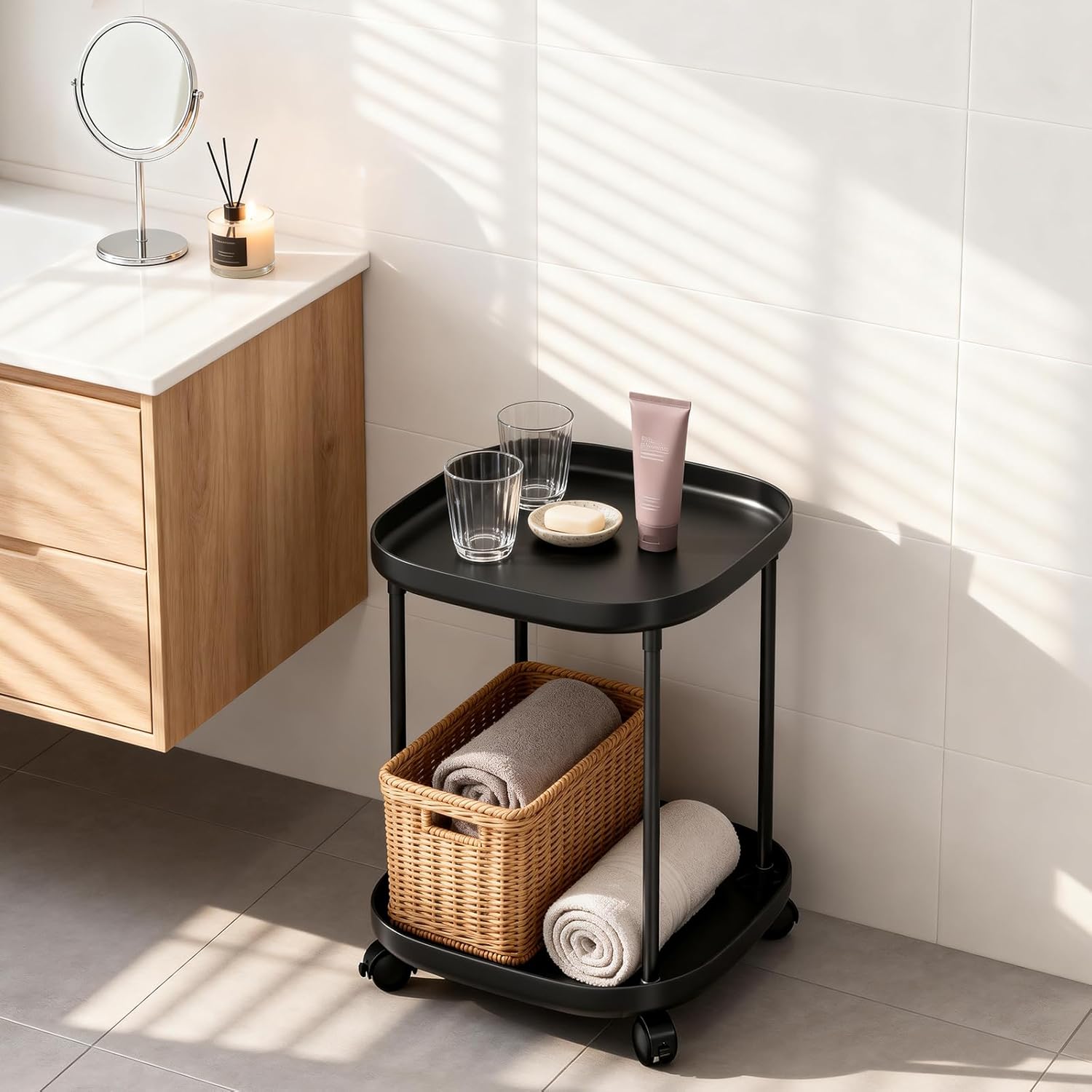 LOVEWE 2-Tier Square Rolling Side Table, Modern Black Metal Storage Organizer Cart on Wheels, Compact Space-Saving for Living Room, Bedroom, Office & Bathroom Décor