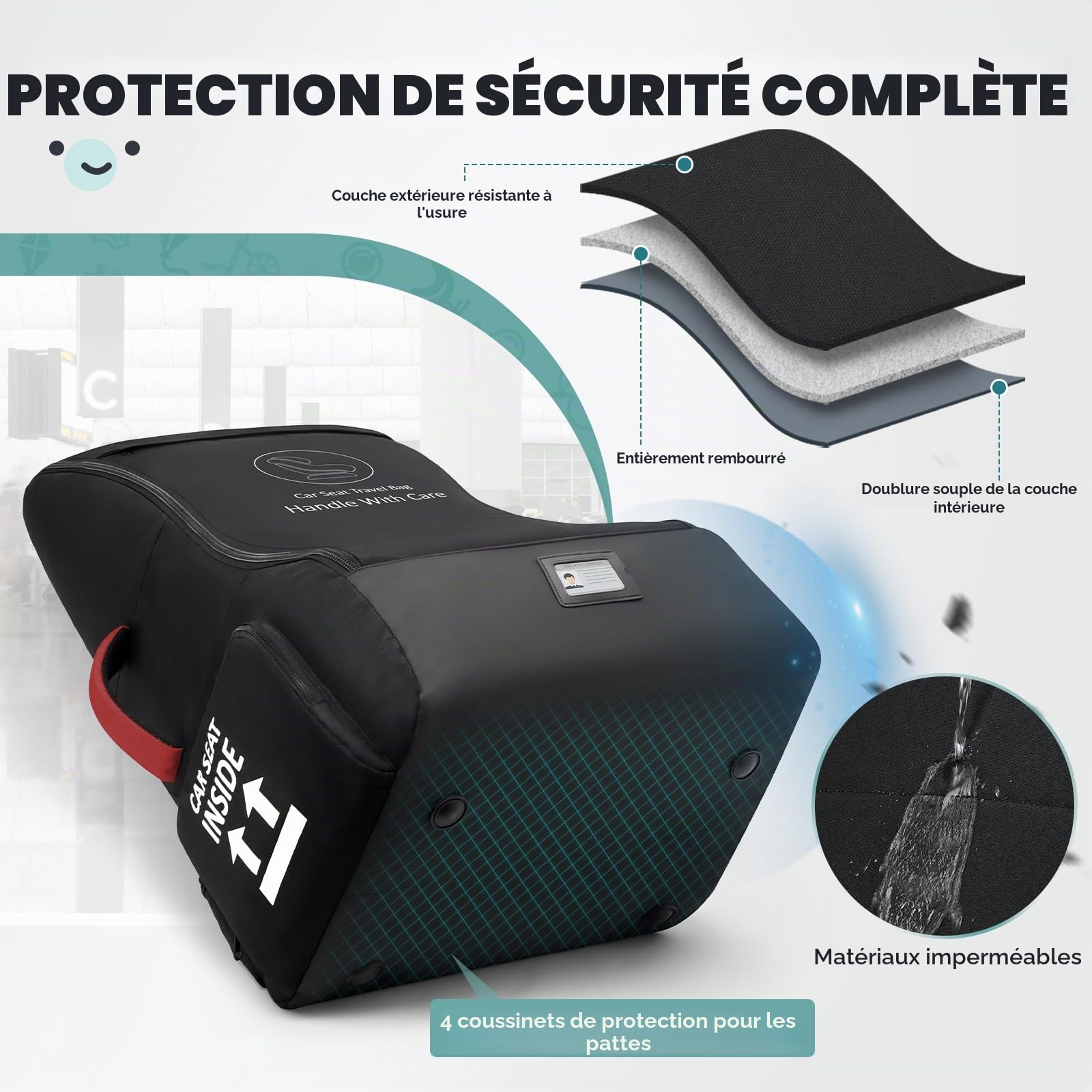 RAINSMORE Sac de Voyage pour siège de Voiture, Sac à Dos pour siège Auto, Housse Poussette Avion Rembourrée, Sacs de Siège Auto pour Bébé Étanches et Durables pour Avion Voyage