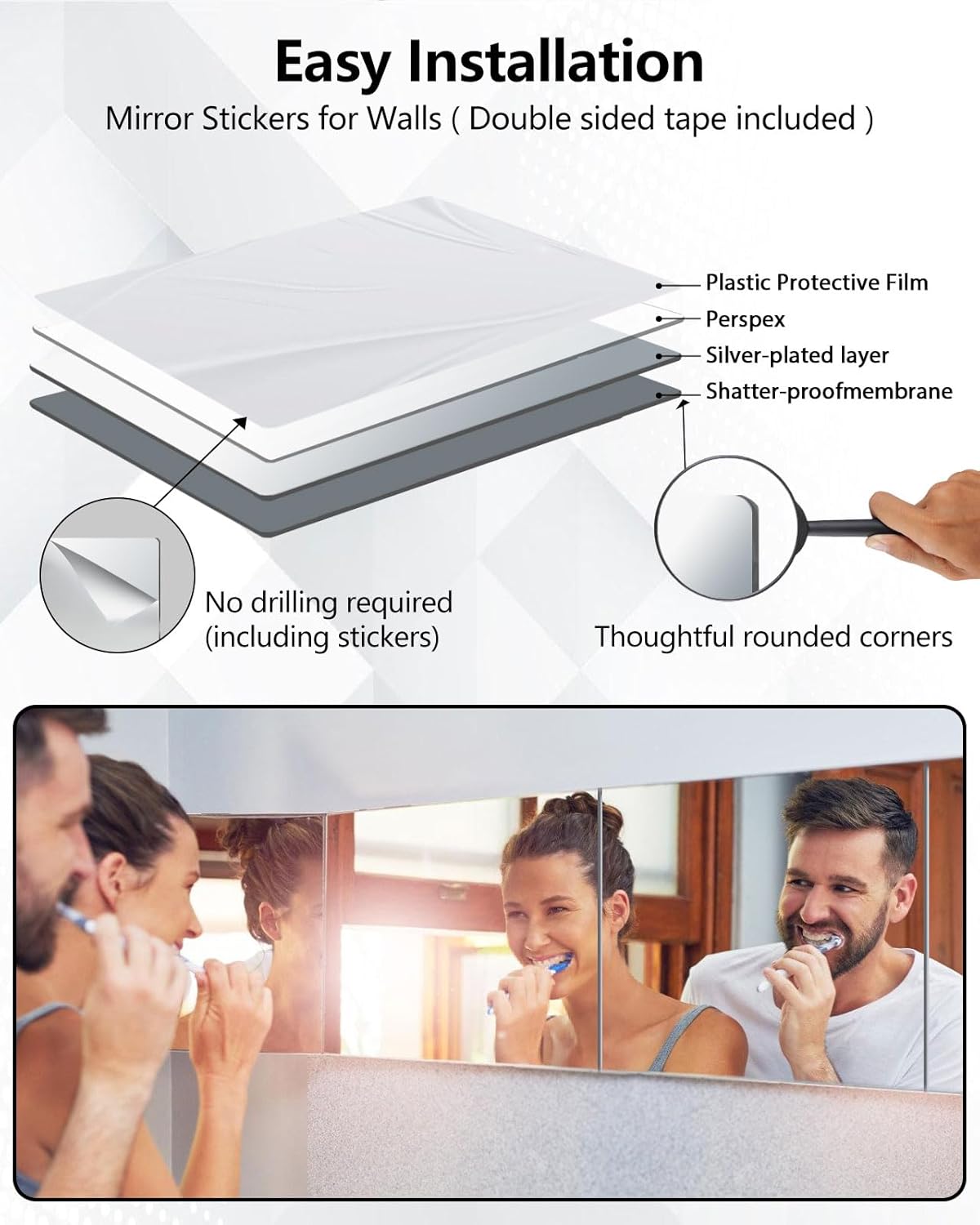 Shatterproof Peel And Stick on Mirror Tiles for Wall Decorative, 4 pcs 16”x16” Unbreakable Small Mirrors For Wall Classroom Decor, Toddlers Mirror for Kids Bedroom, Plastic Door Adhesive Mirrors