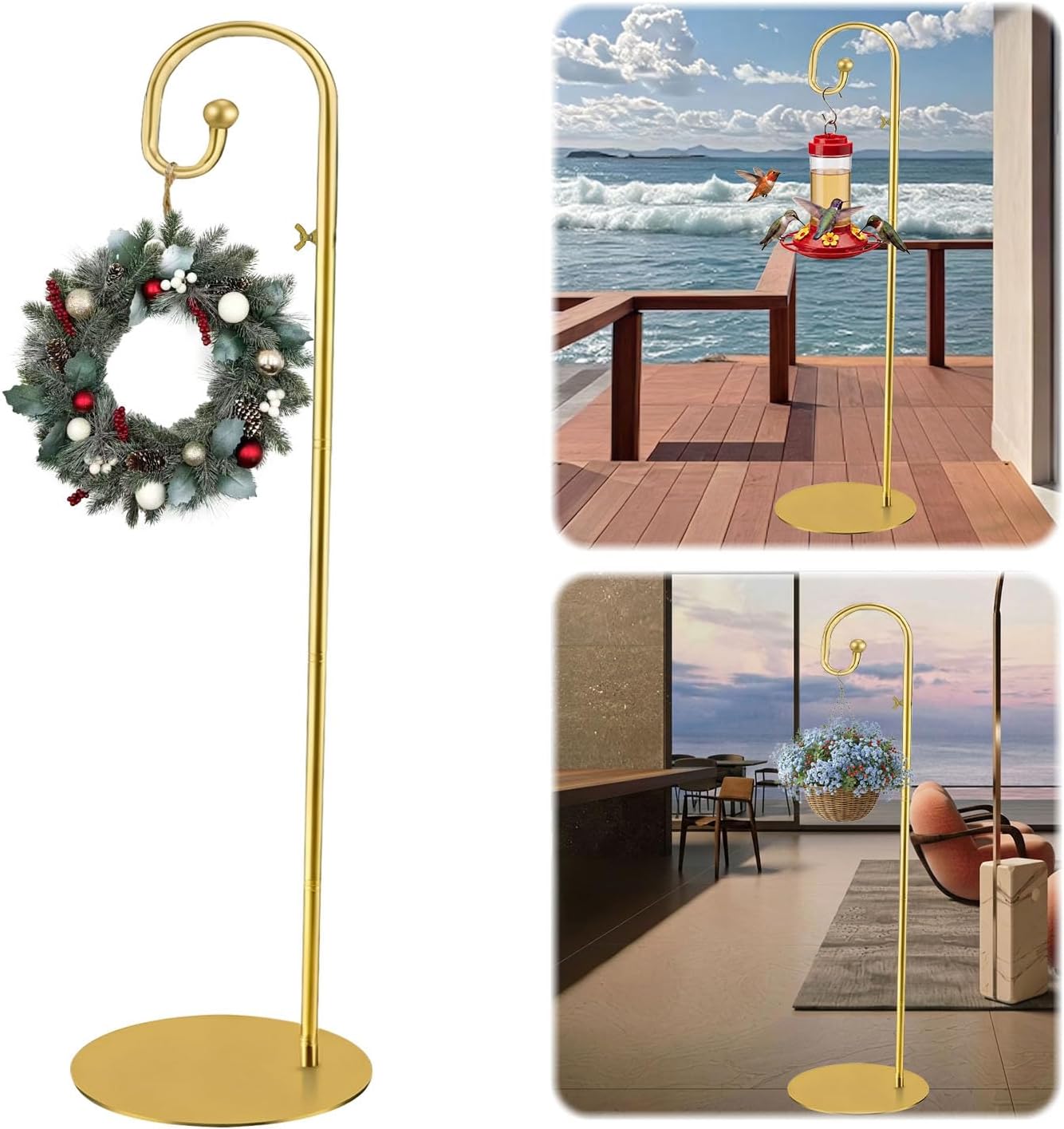 Shepherds Hooks for Outdoor, 61" Tall Freestanding Bird Feeder Stand & Wind Chime Hanger, Heavy-Duty Rust Resistant Iron Pole with Flat Base for Hanging Plant Stand, Wreath, Lanterns (Gold)