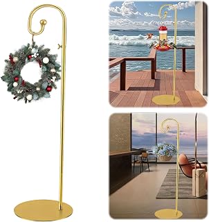 Shepherds Hooks for Outdoor, 61" Tall Freestanding Bird Feeder Stand & Wind Chime Hanger, Heavy-Duty Rust Resistant Iron Pole with Flat Base for Hanging Plant Stand, Wreath, Lanterns (Gold)
