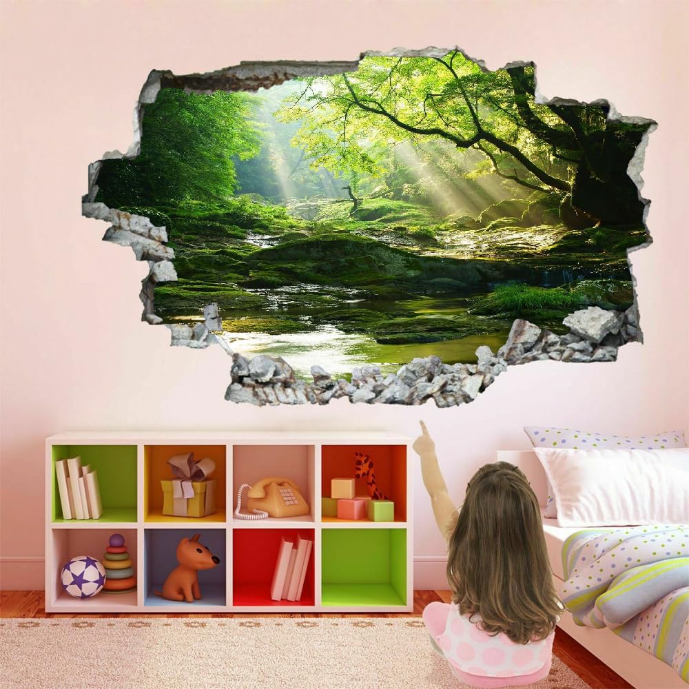 Pegatinas De Decoración De Pared 3D, Paisaje Forestal Calcomanías De Suelo De Vinilo Impermeables Extraíbles Arte, Árbol Natural Calcomanías De Mural De Pared Rotas Para Niños Dormitorio 120x80cm