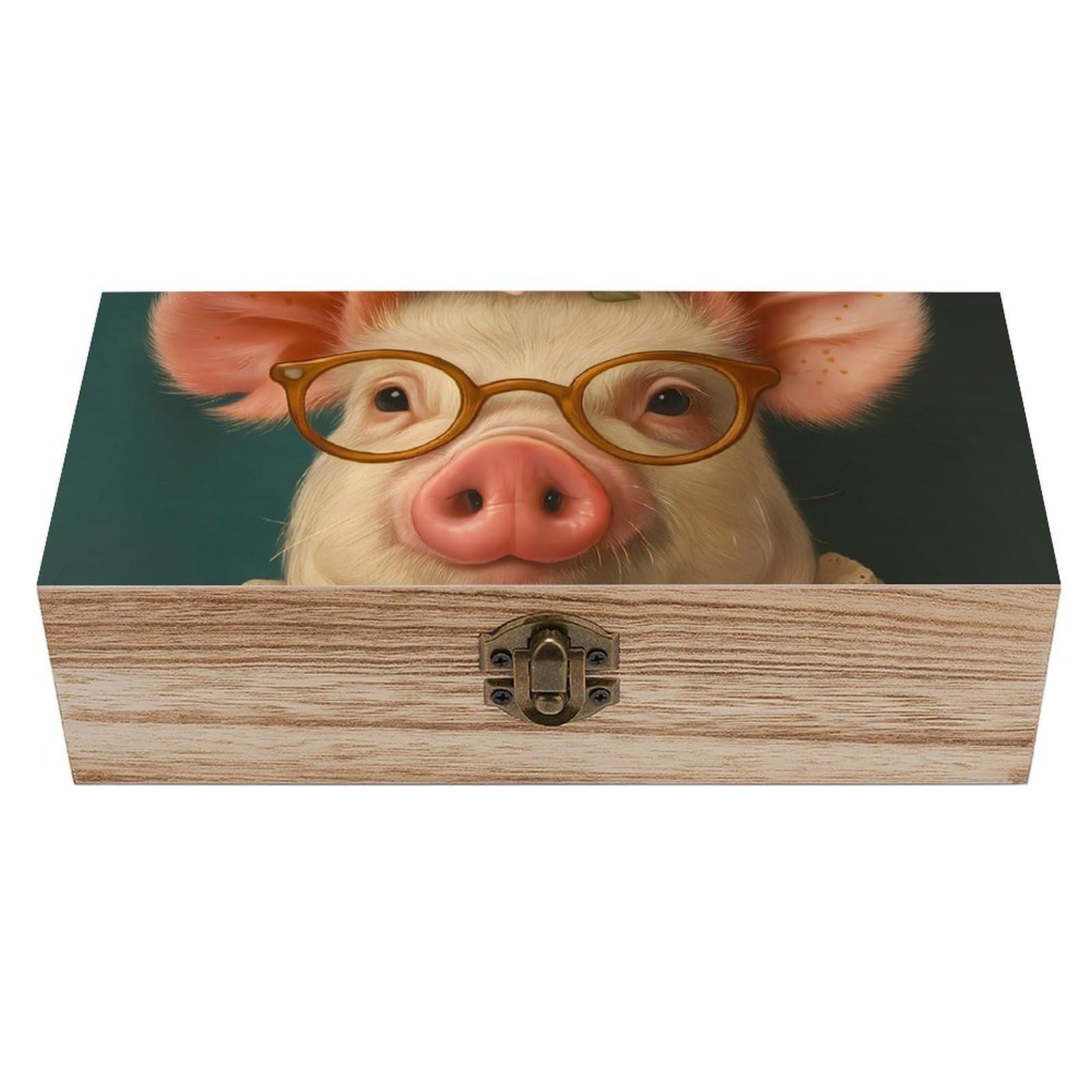 Oudrspo Elegant Pig with Floral And Glasses Retro Wooden Storage Box Keepsake Jewelry Decorative Art Storages Box Gift Boxs