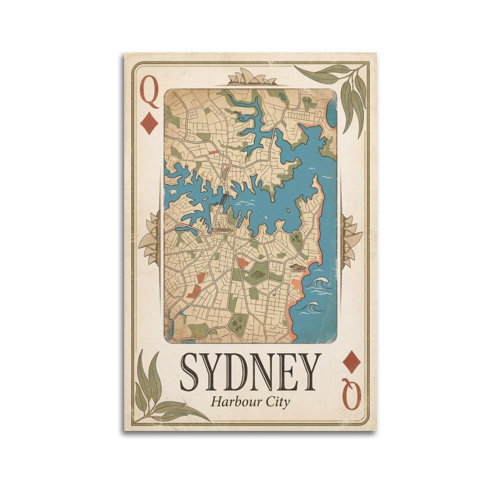 OKNGB Vintage City Map Poster Sydney Harbour City Playing Card Style Decorative Painting Canvas Art Picture 24x36inch(60x90cm)