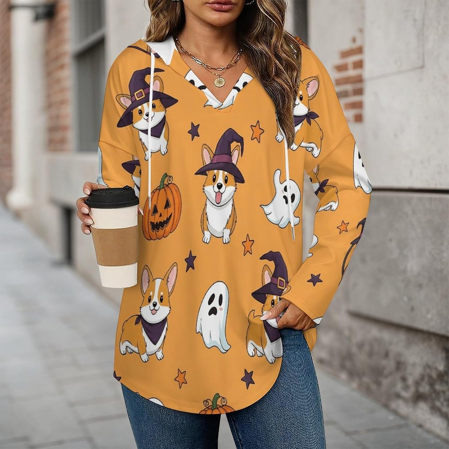Women's V-Neck Hoodie with Drawstring Long Sleeve Lightweight Pullover, Loose Fit Sweatshirt for Casual Fashion Top