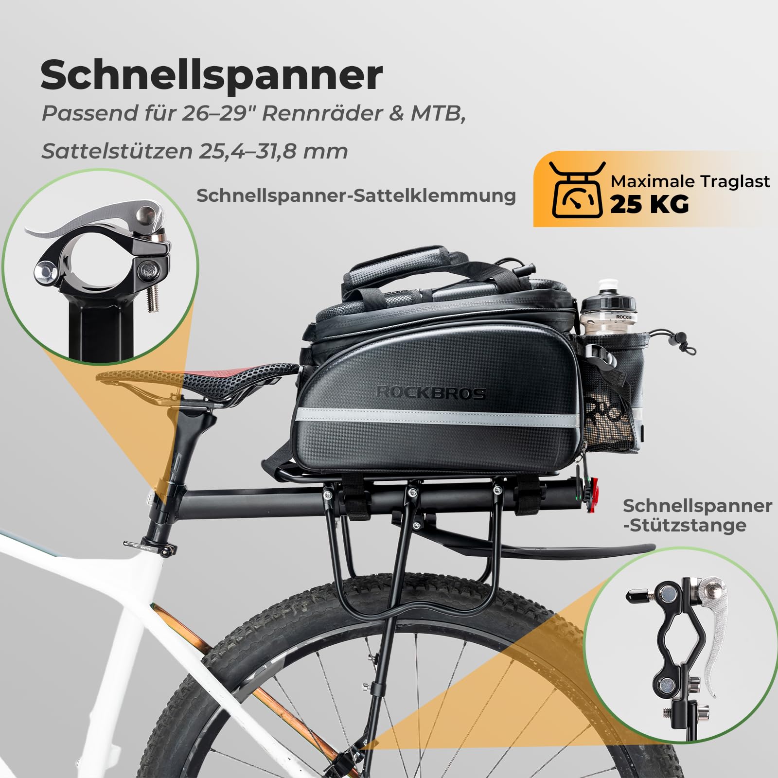 ROCKBROS Fahrrad Gepäckträger Mountainbike Gepäckträger Schnellspanner mit Reflektor 24-29 Zoll mit/ohne Schutzblech Aluminiumlegierung