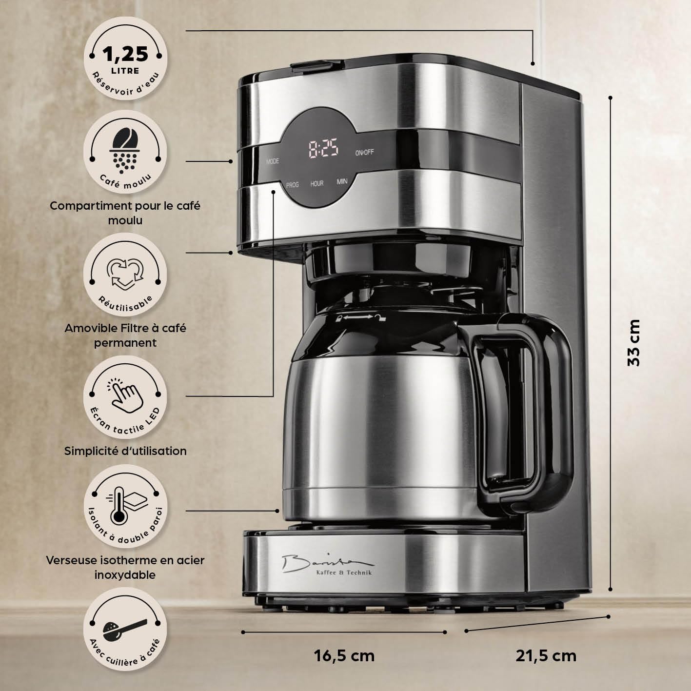 Barista Cafetière filtre avec thermos | Minuteur 24h & filtre permanent | Pour 8 tasses de café | Cafetière pour poudre [Acier inoxydable]