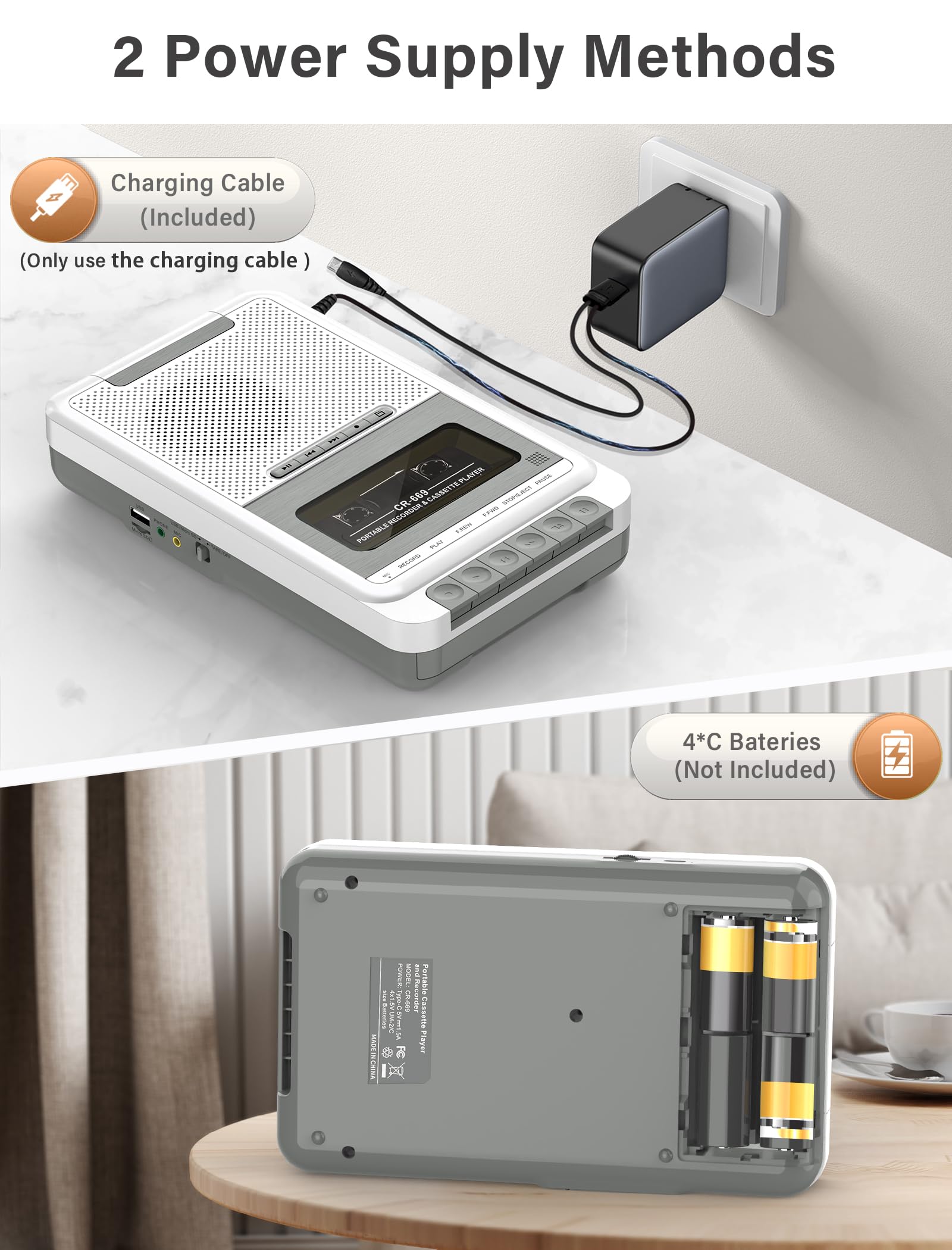 Lettore di cassette portatile, registratore convertitore, registrazione su cassette/USB/scheda SD tramite microfono, da cassette a musica MP3 tramite U Disk/scheda SD o PC (bianco)