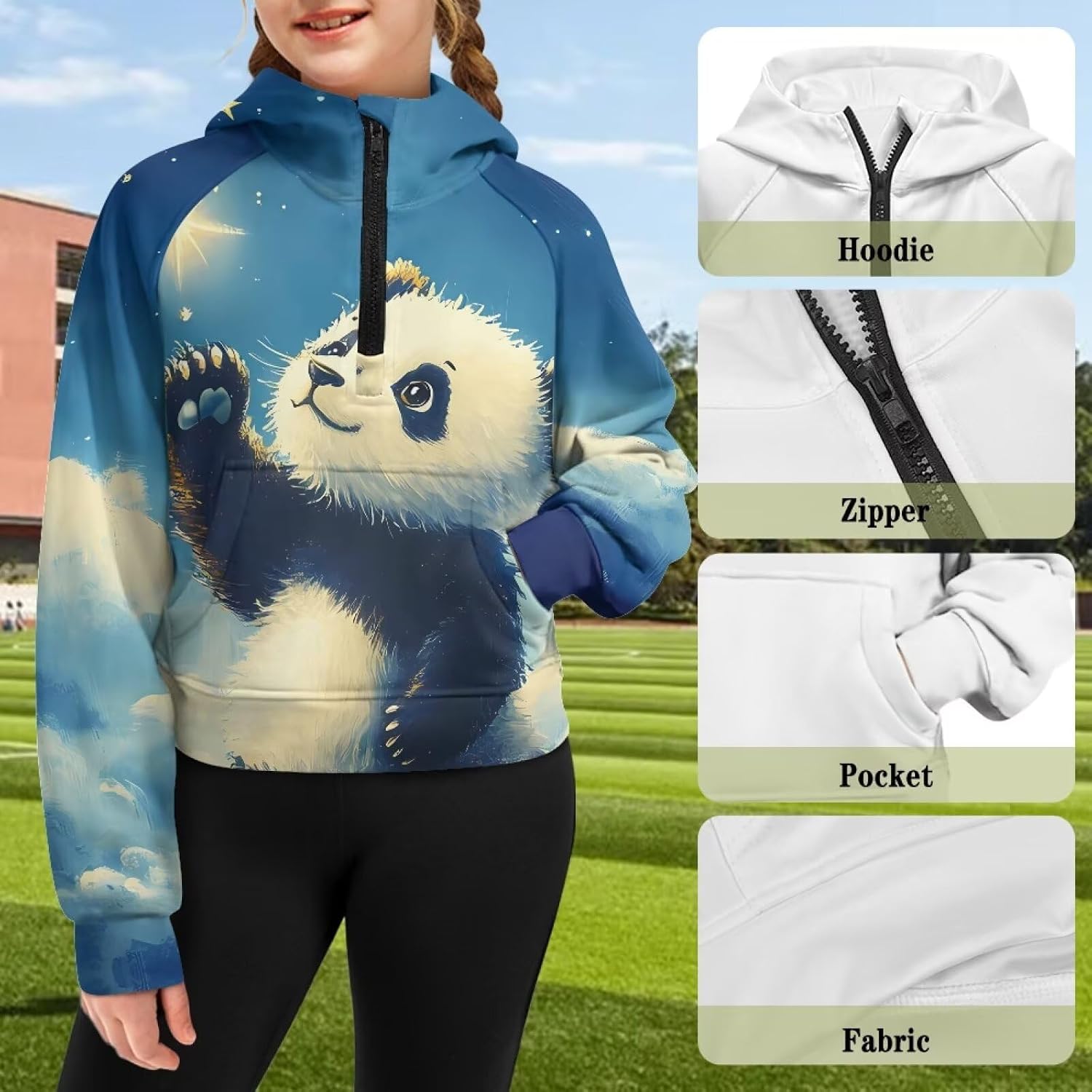 Uourmeti Girls Cropped Pullover Hoodies with Pockets Drop Shoulder Half Zip Up Sweatshirts