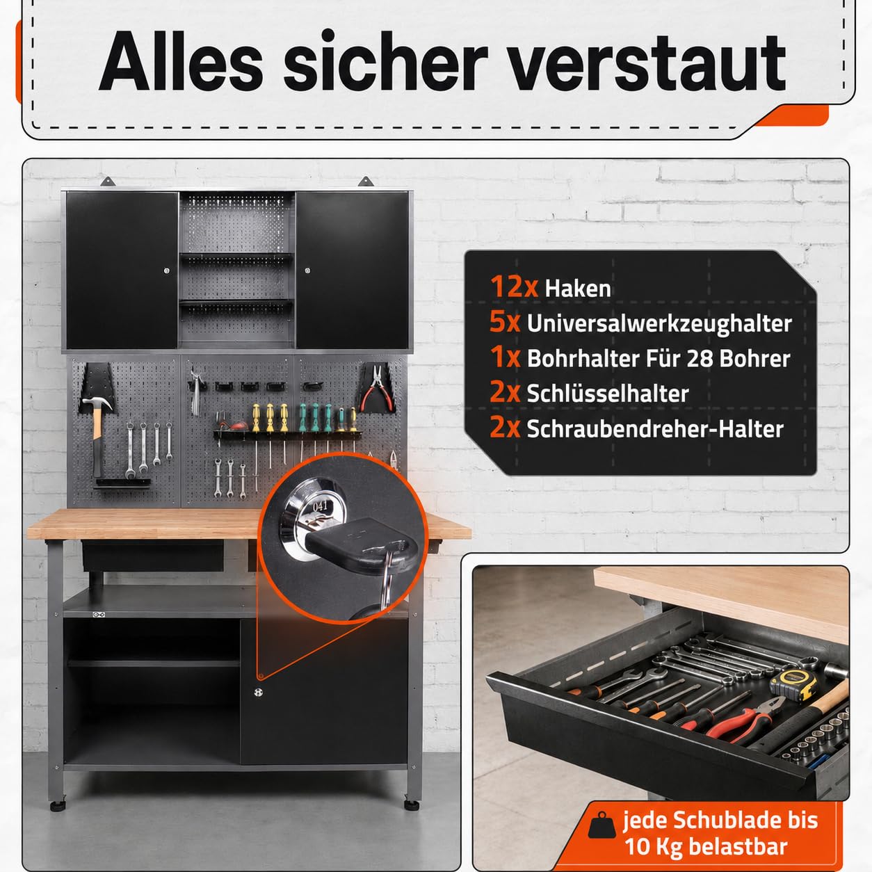 Ondis24 Werkstatteinrichtung Werkstatt Set Werkbank Fritz Hängeschrank Werkzeugwand Metall Schwarz Grau (Hängeschrank Kurt, 120 cm), mit Buchenholzplatte