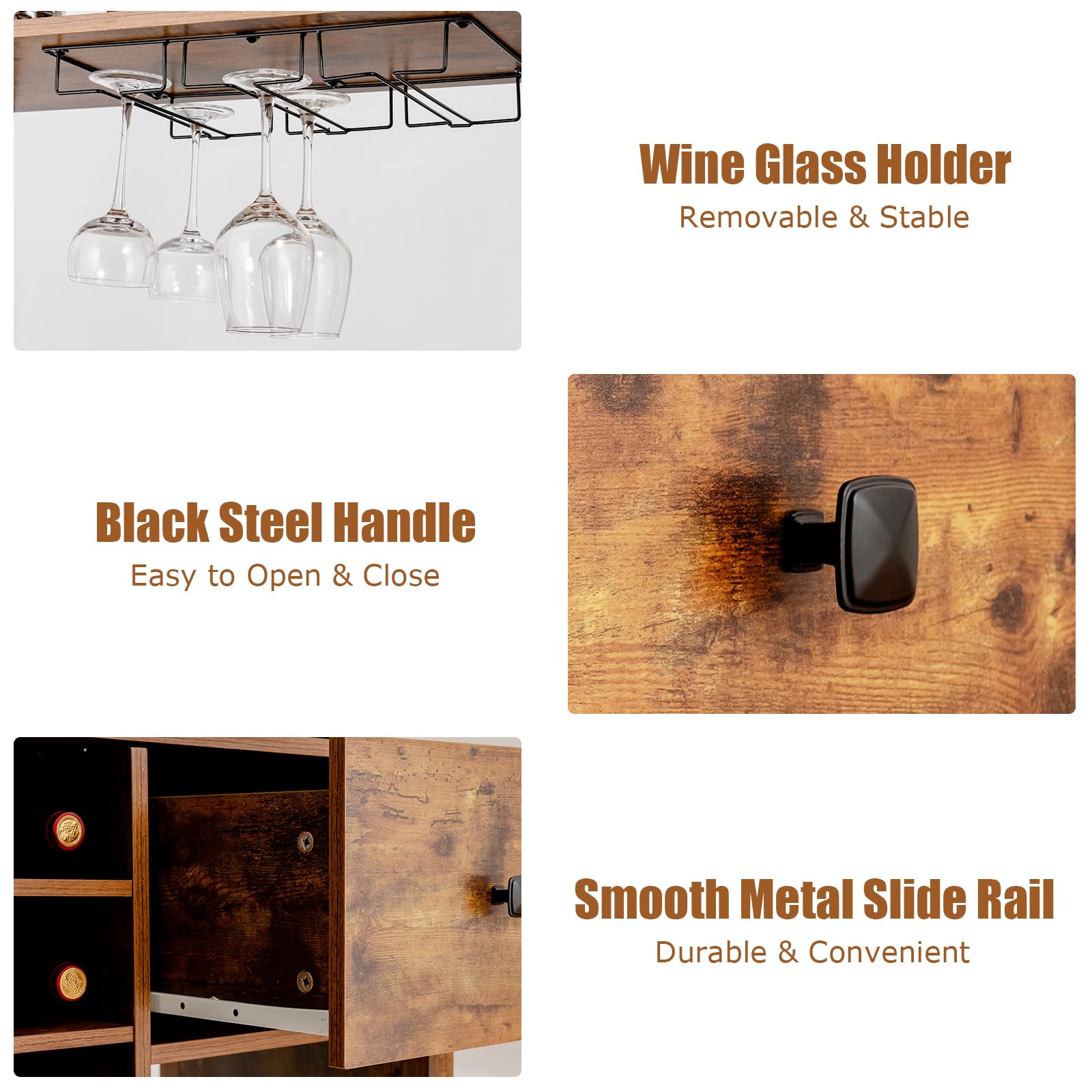 KOMFOTTEU Armoire de Cuisine avec casier à vin pour 18 bouteills, Buffet de Cuisine à 4 Niveau, Meuble Rangement avec Tiroir, 74 x 40 x 160 cm, Style Industriel