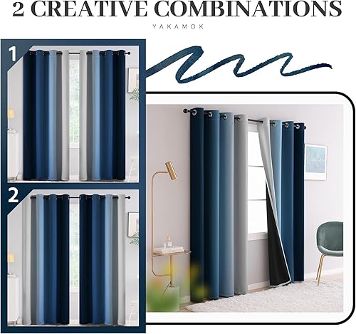 Miniatura 2 de Yakamok Cortinas 100% opacas de 63 pulgadas de largo, cortinas azules para oscurecer la habitación, cortinas degradadas con aislamiento térmico para