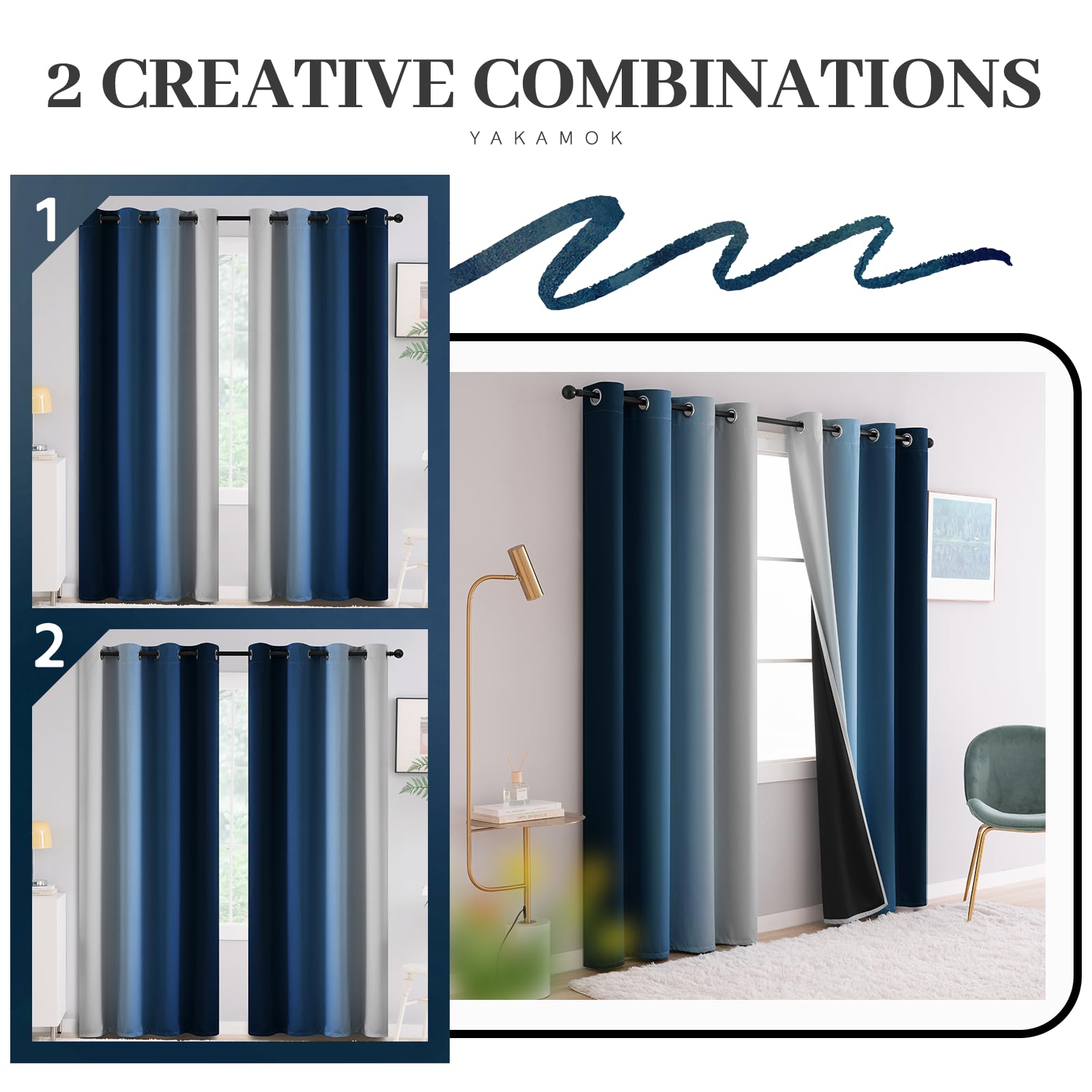 Yakamok 100 % Verdunkelungsvorhänge, 228,6 cm lang, Raumverdunkelung, Blau, Ombré für Schlafzimmer, Ösen, wärmeisoliert, Farbverlaufsvorhänge für Wohnzimmer, 2 Bahnen, 132,1 x 228,6 cm, Blau