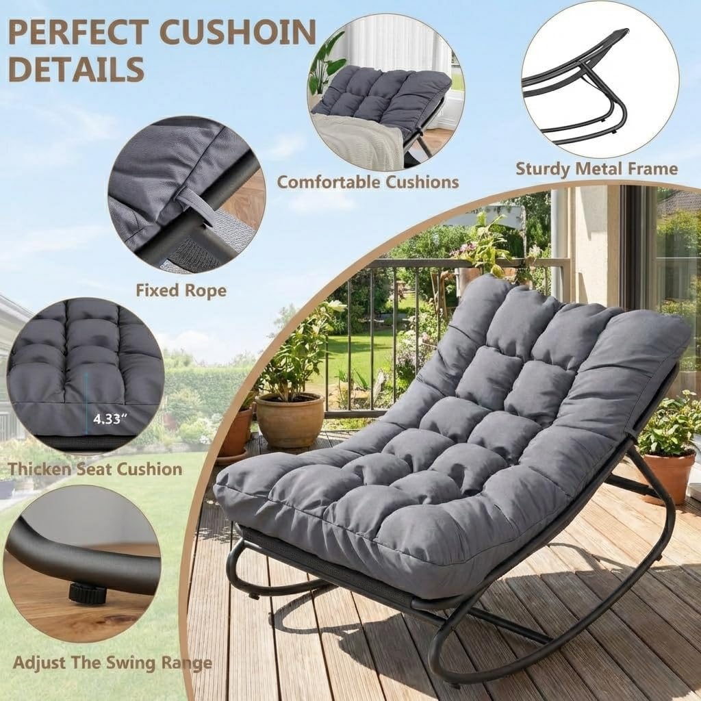 Outdoor Papasan Rocking Chair, Oversized Metal Frame Egg Rocker with Thick Waterproof Cushion, 450 lbs, Comfy Lounge for Patio, Porch, Garden, Living Room, Dark Gray