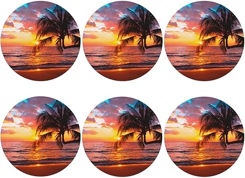 Beach Palm Tree Hawaii Tropical Summer Seaside 6 piezas - Juego de posavasos de cuero - Posavasos redondos resistentes antideslizantes - Cocina bar,