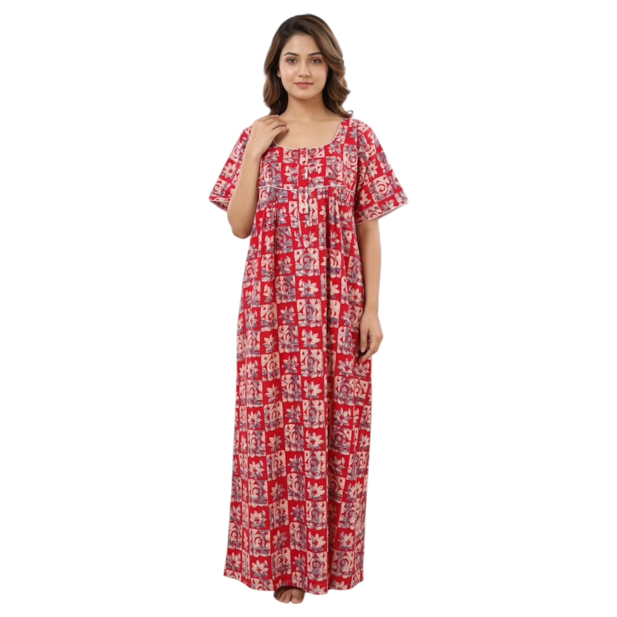 satyam nighties Women's 3XL Cotton Nighty | Soft Breathable Floral Printed Nightgown | Comfortable Full-Length Sleepwear | Short Sleeve Lounge Dress | Chest 56", Length 57", Shoulder 18"-picture-38