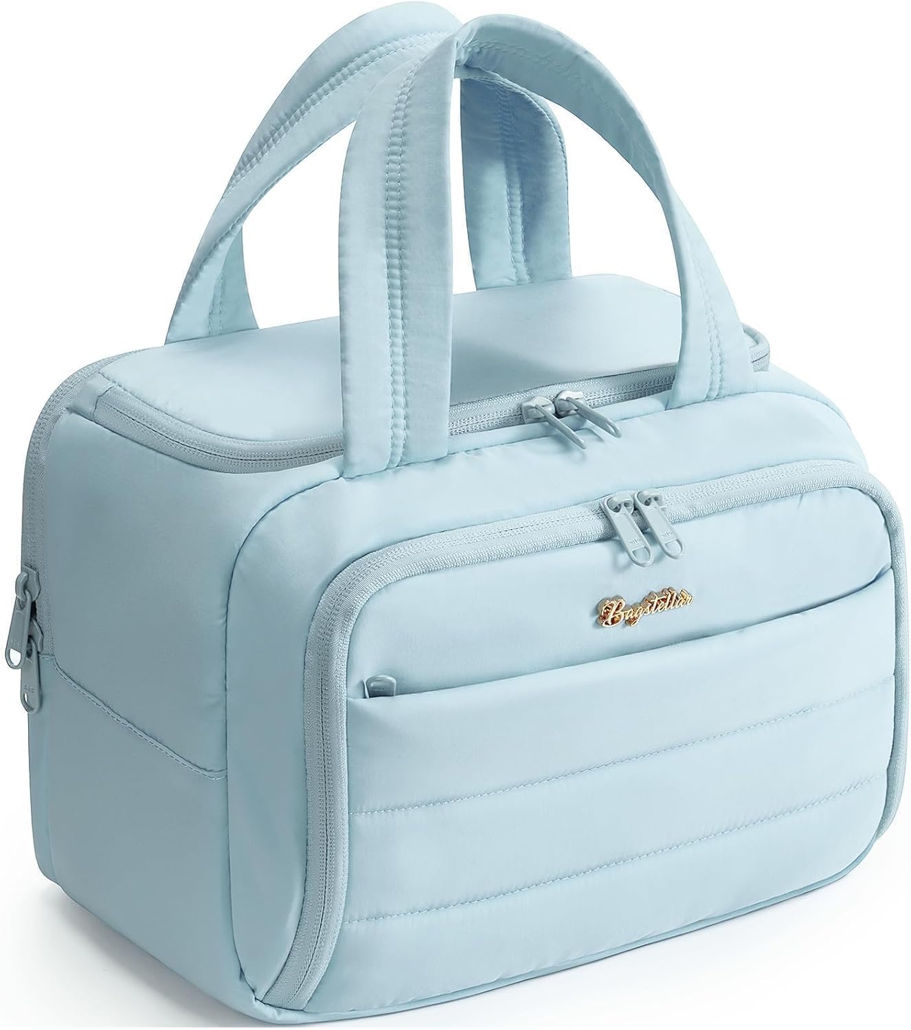 Bagstellar Travel Toiletry Bag for Women, Lightweight Large Quilted Puffy Makeup Bag Wide-open Make up Organizer Cloud Cosmetic Bag w/Handle for Traveling Toiletries Essentials Accessories Light Blue