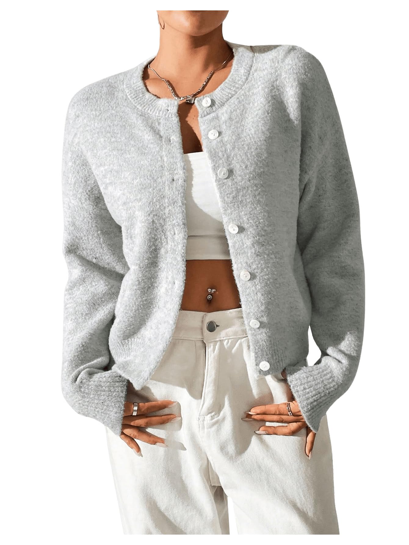 SweatyRocks Womens Fall Button Down Lightweight Cardigan Ribbed Knit Long Sleeve Crew Neck Sweater