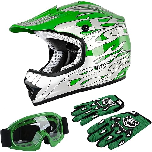 TCT-MOTORPARTS DOT Youth Kids Dirt Bike Full Face Helmets Motocross ATV Offroad Four Wheeler Helmet Green Flame X-Large Size
