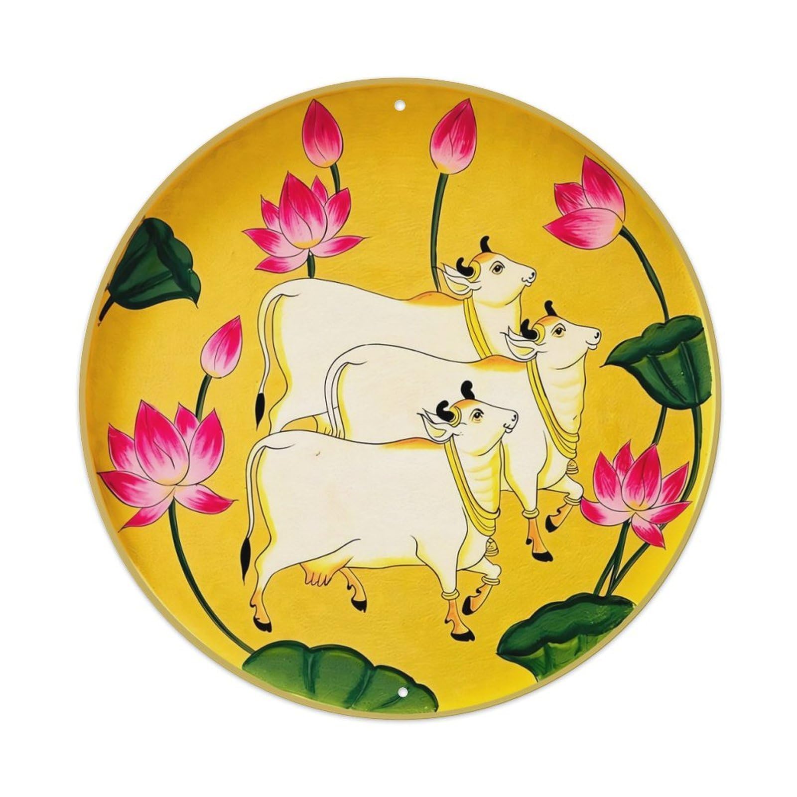 Jdyaojiesheng Vintage Cows Lotus Flowers Yellow Background Art Round Tin Sign Retro Metal Wall Decor Metal Poster, Home Bar Garage Farmhouse Cafe Wall Art Decoration 8X8inch