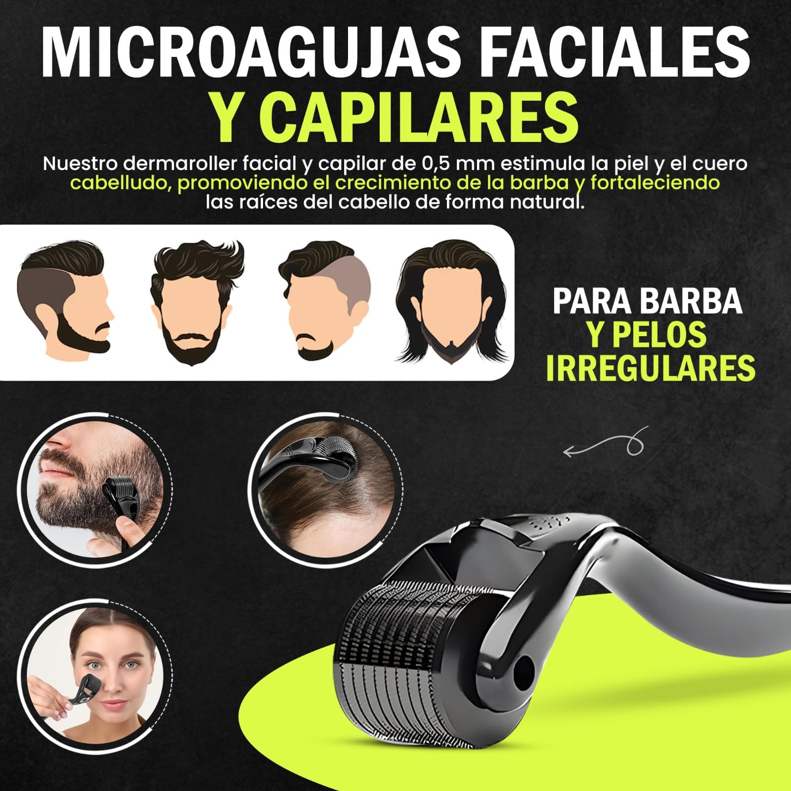 Dermaroller Facial y Cabello 0.5mm - Derma Roller Facial con 540 Microagujas de Titanio para Microneedling - derma-roller Barba y Rodillo Pelo - dermaroller 0.5