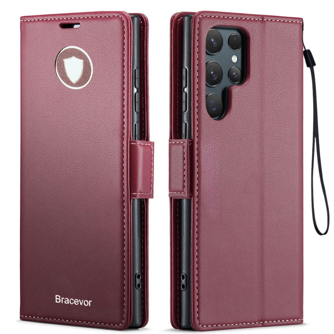 Bracevor Deluxe Leather Flip Cover case for Samsung Galaxy S23 Ultra 5G : Burgundy Red | Full Camera Cover | RFID Blocking Wallet Pockets | 360 Degree Protection