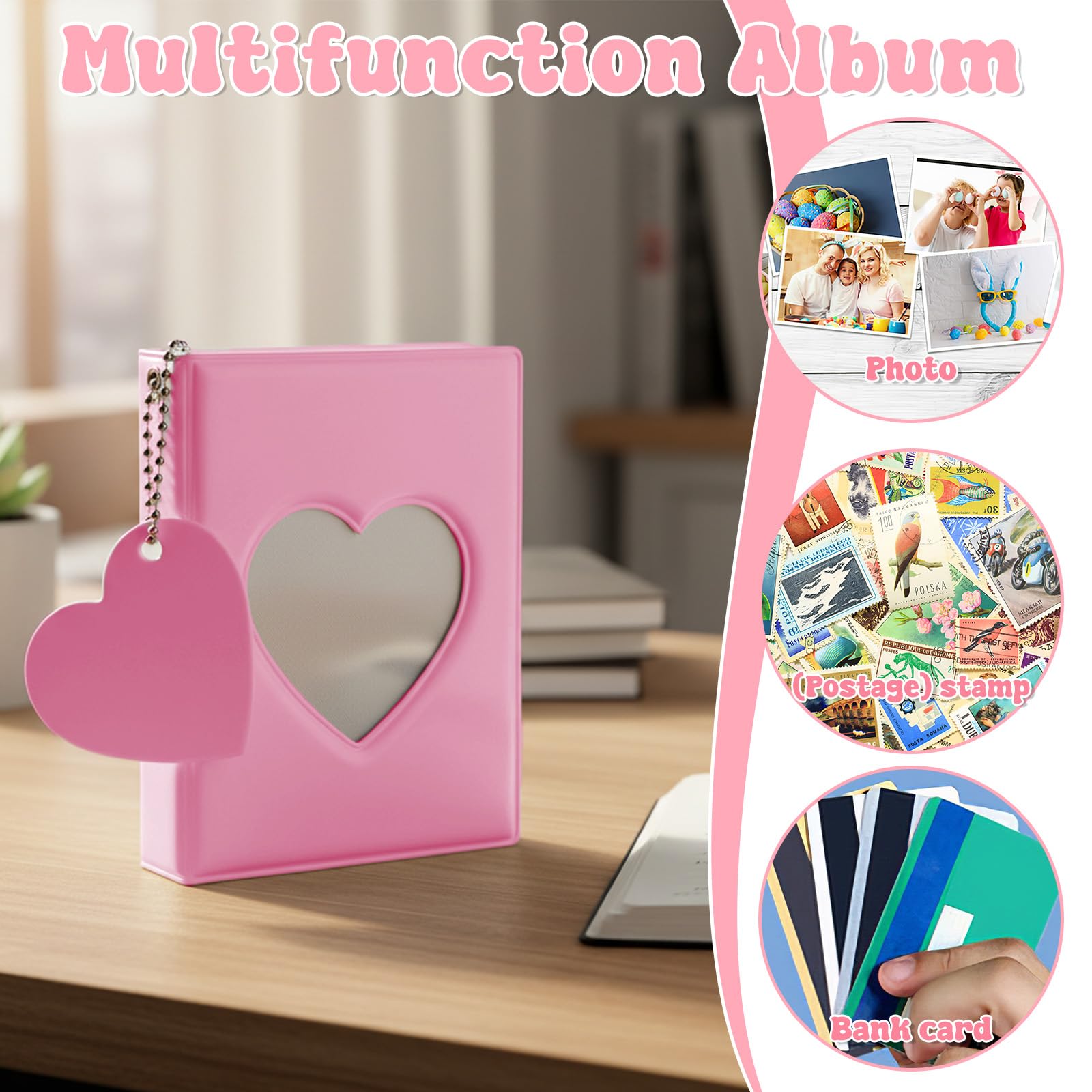 Mini segregator na fotokartki, album 7,6 cm, segregatory na karty z wydrążonym sercem, etui na fotokartki, album fotograficzny z 32 kieszeniami, wisiorek w kształcie serca (różowy)