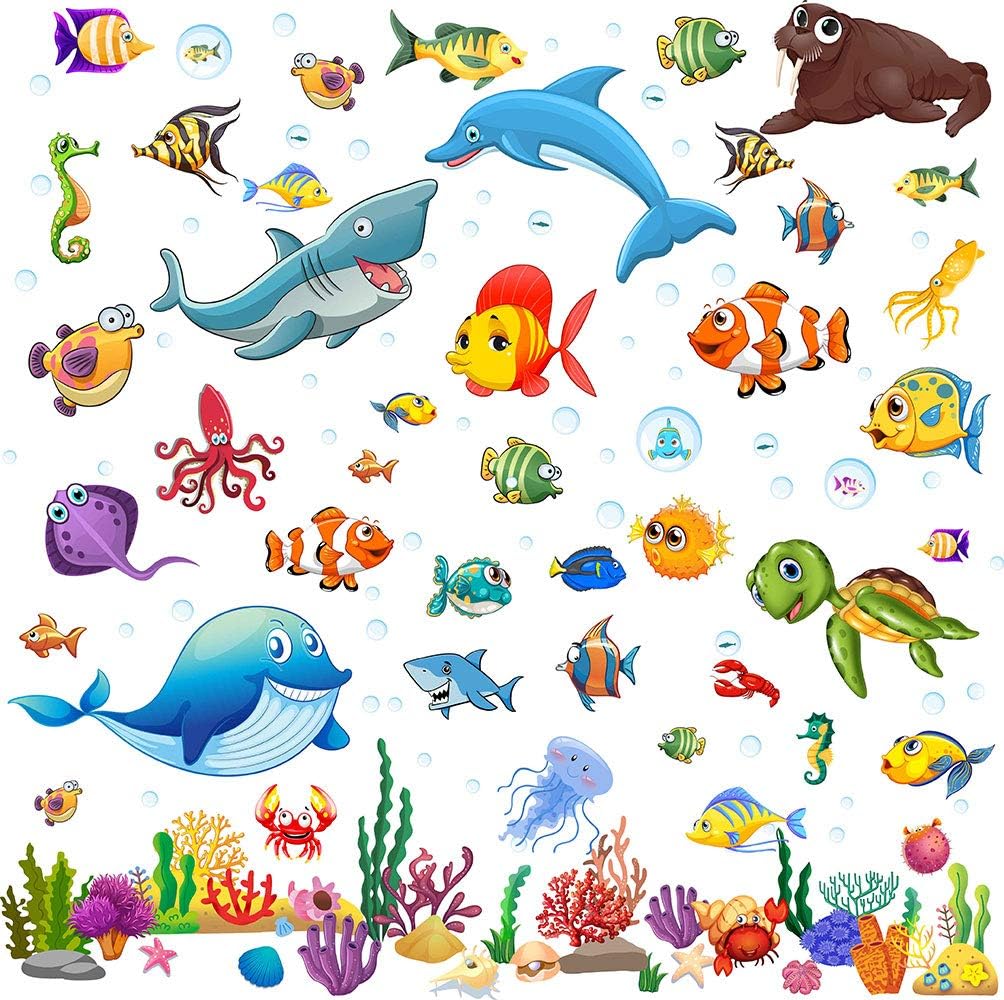 Under The Sea Wall Stickers for Kids, Baby, and Toddlers, Shark Whale Dolphin Turtle Walrus Fish Wall Decals, Easy Peel Stick Ocean Decorations That Clings, Removable