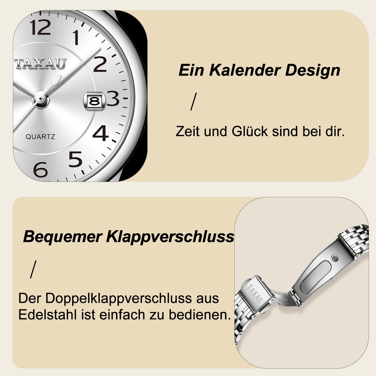 Taxau Armbanduhr Damen Edelstahl, Kleine Damenuhr mit Arabischen Ziffern, Quarzuhr Damen mit Datum, Easy Read Zifferblatt, 3 Bar Wasserdicht, Elegante Uhr für Frauen