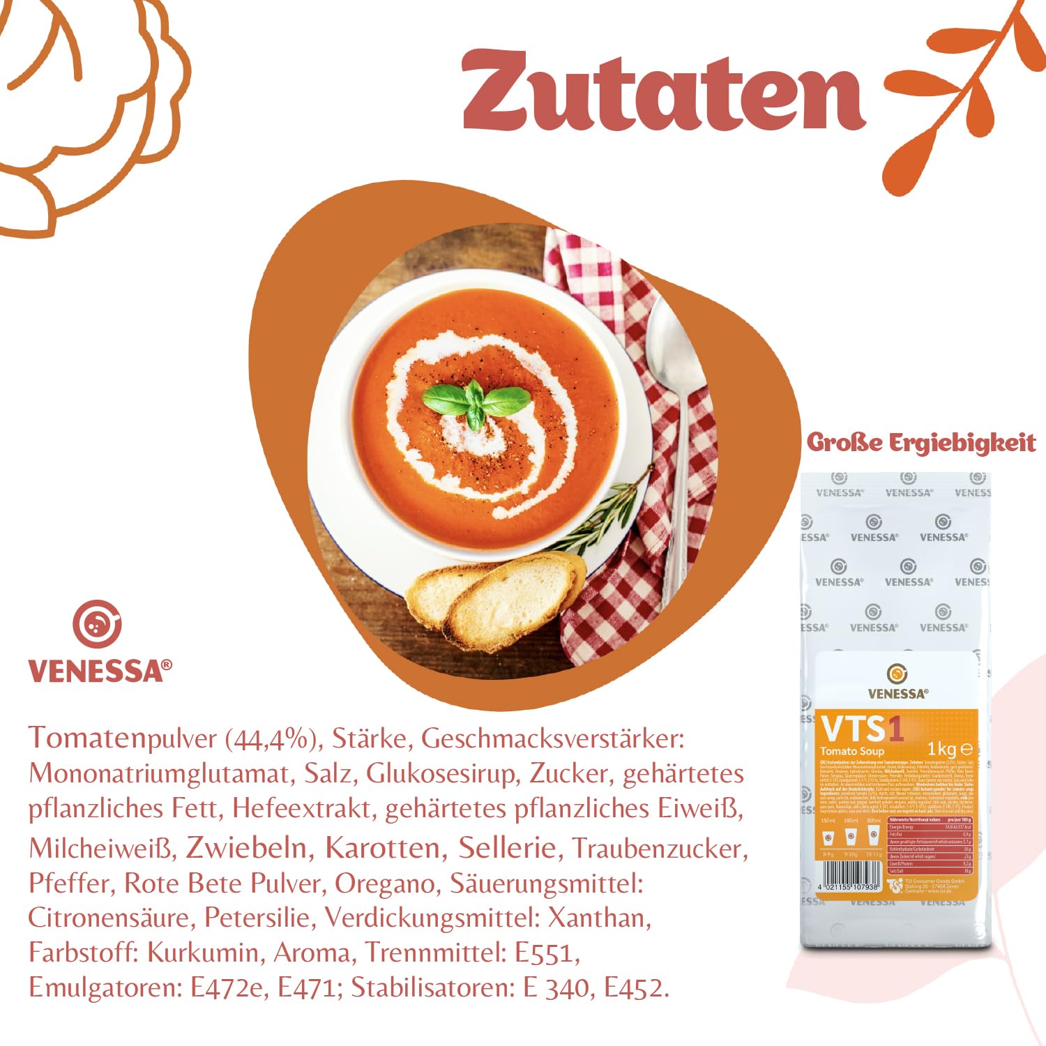 VENESSA VTS 1 zupa pomidorowa 20 x 1 kg – korzystne opakowanie – kremowa śródziemnomorska zupa pomidorowa, wyrafinowana, zaokrąglona z przyprawami do automatów automatycznych, do gastronomii