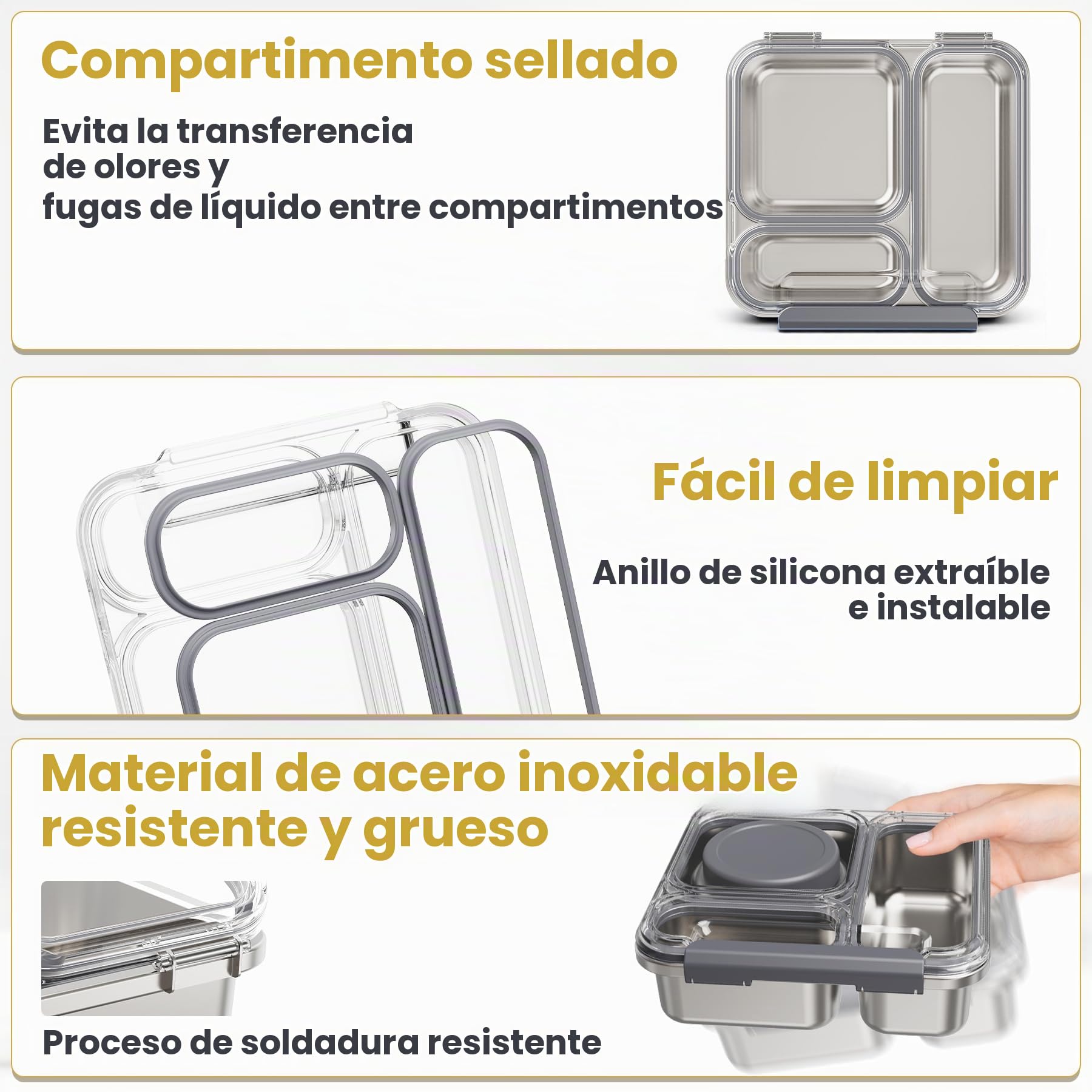 Fiambrera de Acero Inoxidable Adulto Niño con 200ml Termo para Comida, Bento Box para Niños con 3 Compartimentos y Recipiente para Salsas, Lunch Box para Oficina, Colegio y Picnic, sin BPA, Gris