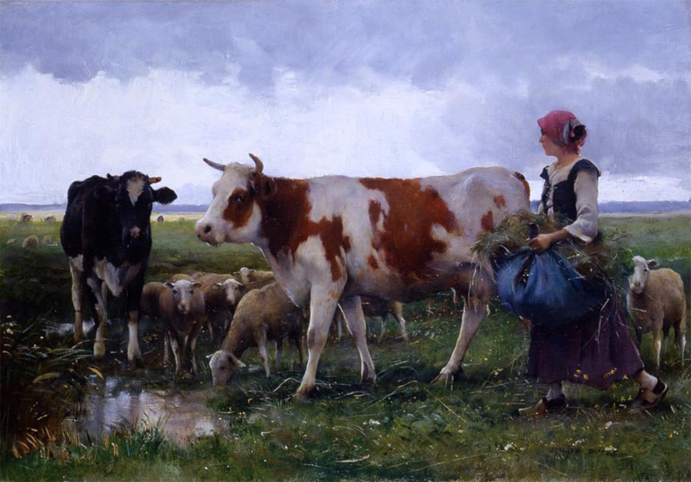 ARTXLXXBN Famous Prints Artwork Pictures Poster Painting Art Peasant Woman with Cows Sheep by Julien Dupre Artwork Landscape Pictures for Home Decor 60x90cm