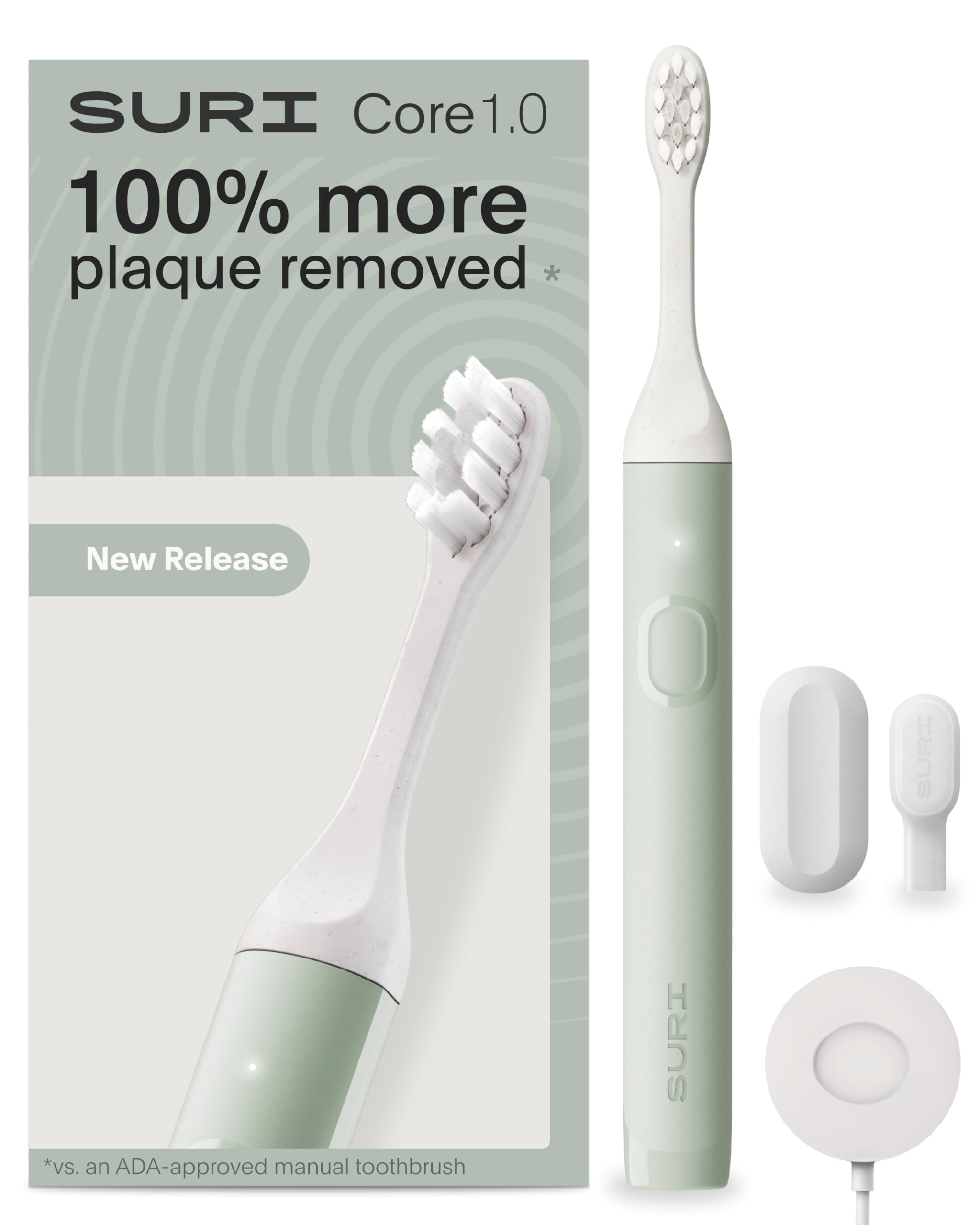 SURI Cepillo de dientes eléctrico Core Sonic | Batería de hasta 4 semanas | Cubierta de cabeza de viaje | Sensor de presión | Cuerpo biológico* | Temporizador de 2 minutos | Cabezal a base de plantas