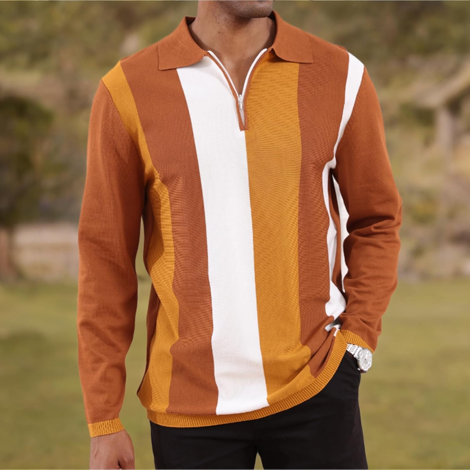 Men's Fashion Polo Shirts Vintage Striped Knitting Shirts Casual Slim Fit Golf Shirts - Image 2