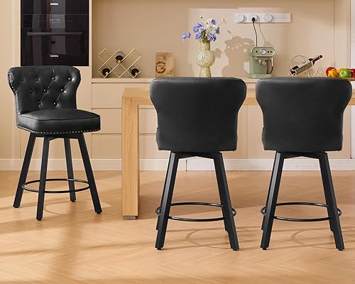 Miniatura 24 de Taburetes de bar de altura de mostrador, taburetes retro para cocina, taburete de bar giratorio con base de metal ajustable, taburete de cuero Negro