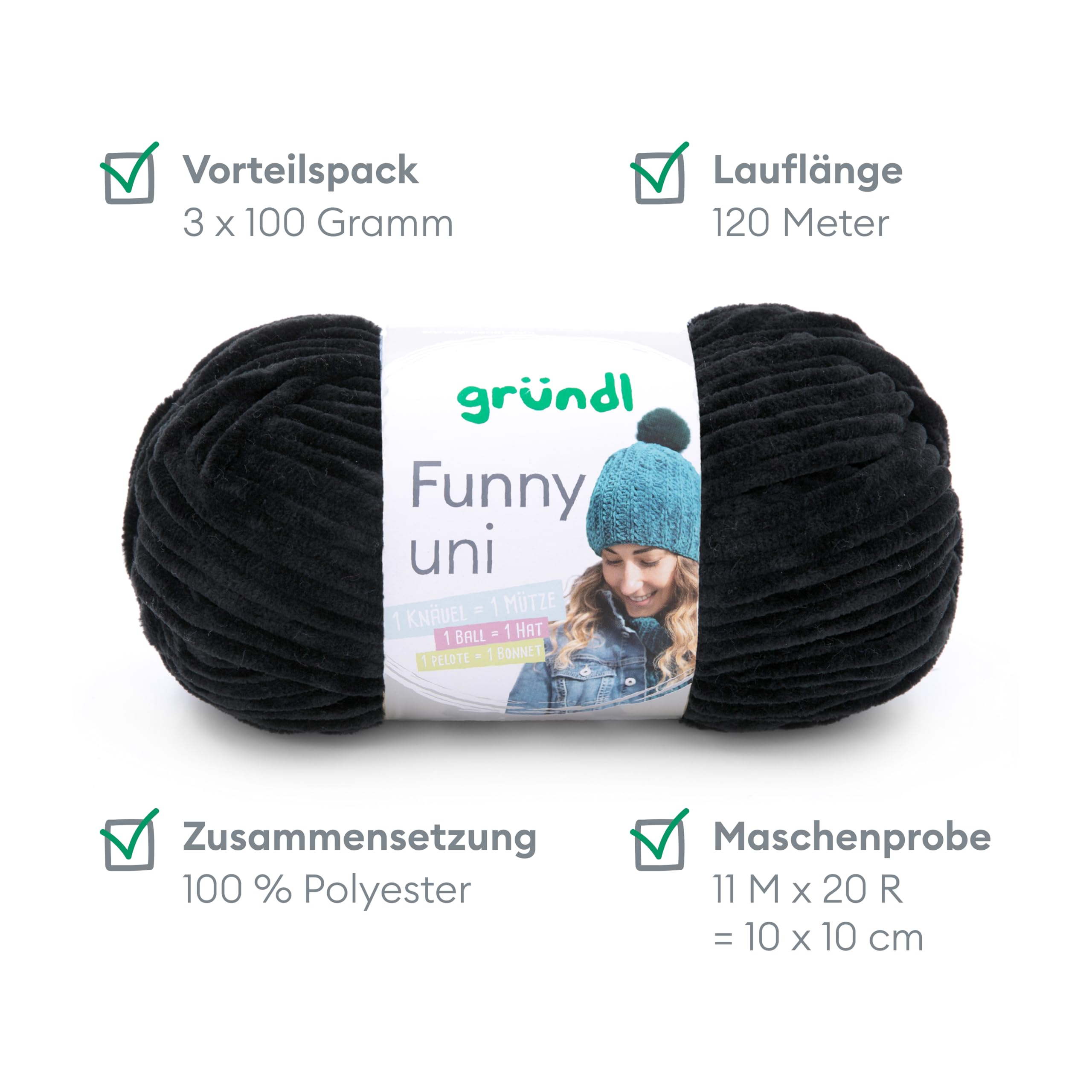 Gründl Laine Funny uni - laine chenille douce pour le crochet – moelleuse et respectueuse de la peau - 100% polyester – 2 pelotes 100 g / 120 m – taille d’aiguille 5-6 -Noir - 3