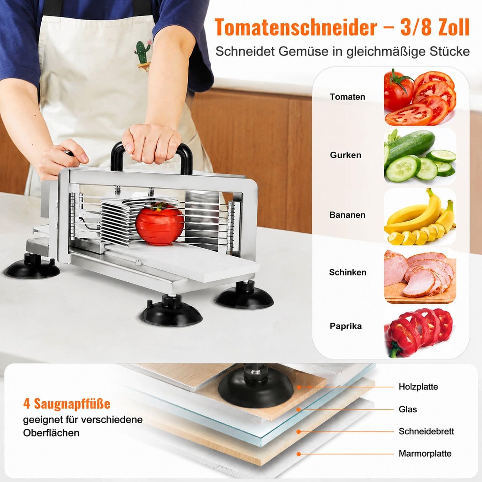 Kommerzieller manueller Tomatenschneider fuer Tomaten Gurken und Bananen aus Edelstahl mit rutschfesten Fuessen