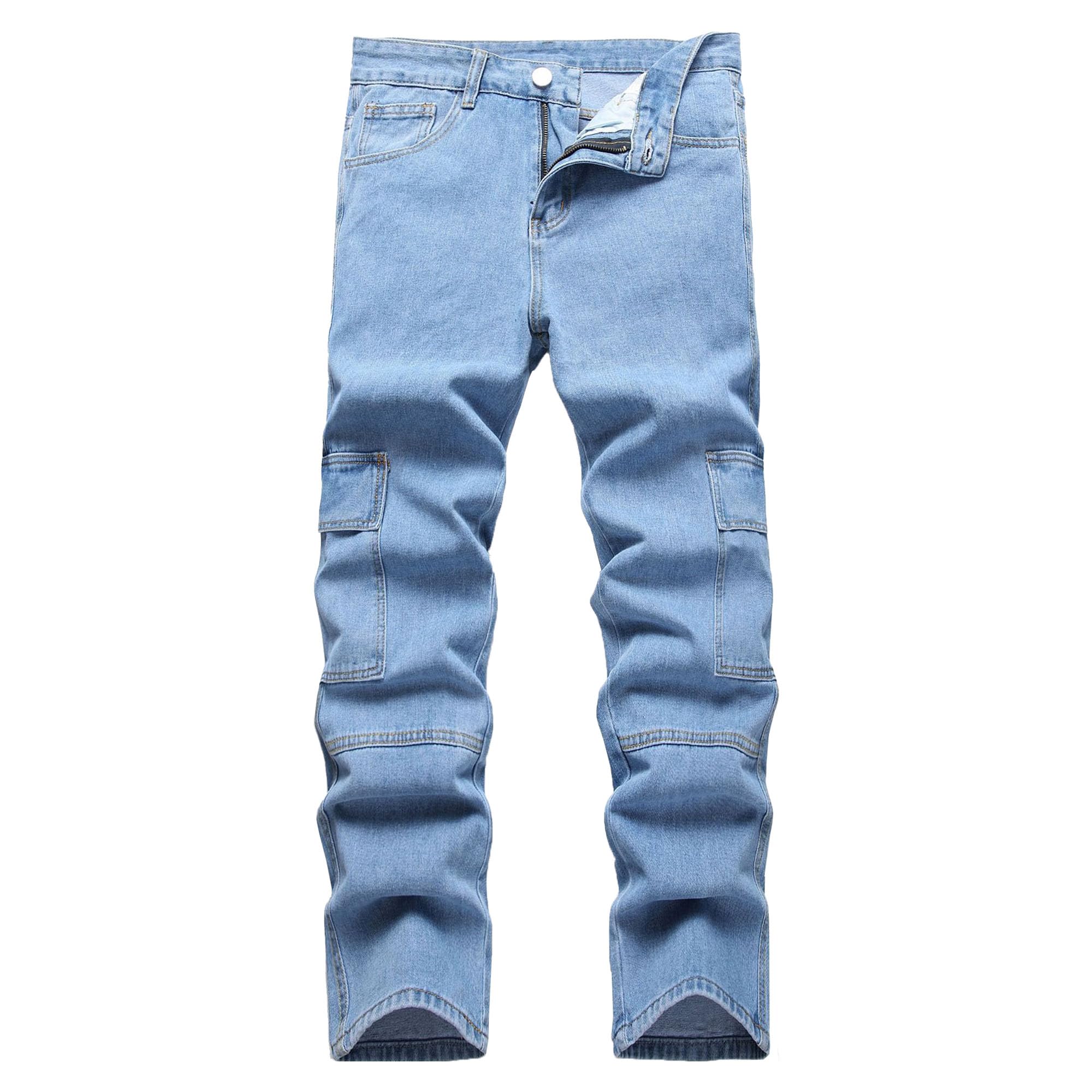Men's Multi-Pockets Wide-Leg Biker Jeans Straight Leg Carpenter Denim Pants Casual Loose Fit Cargo Jean (Blue,32)