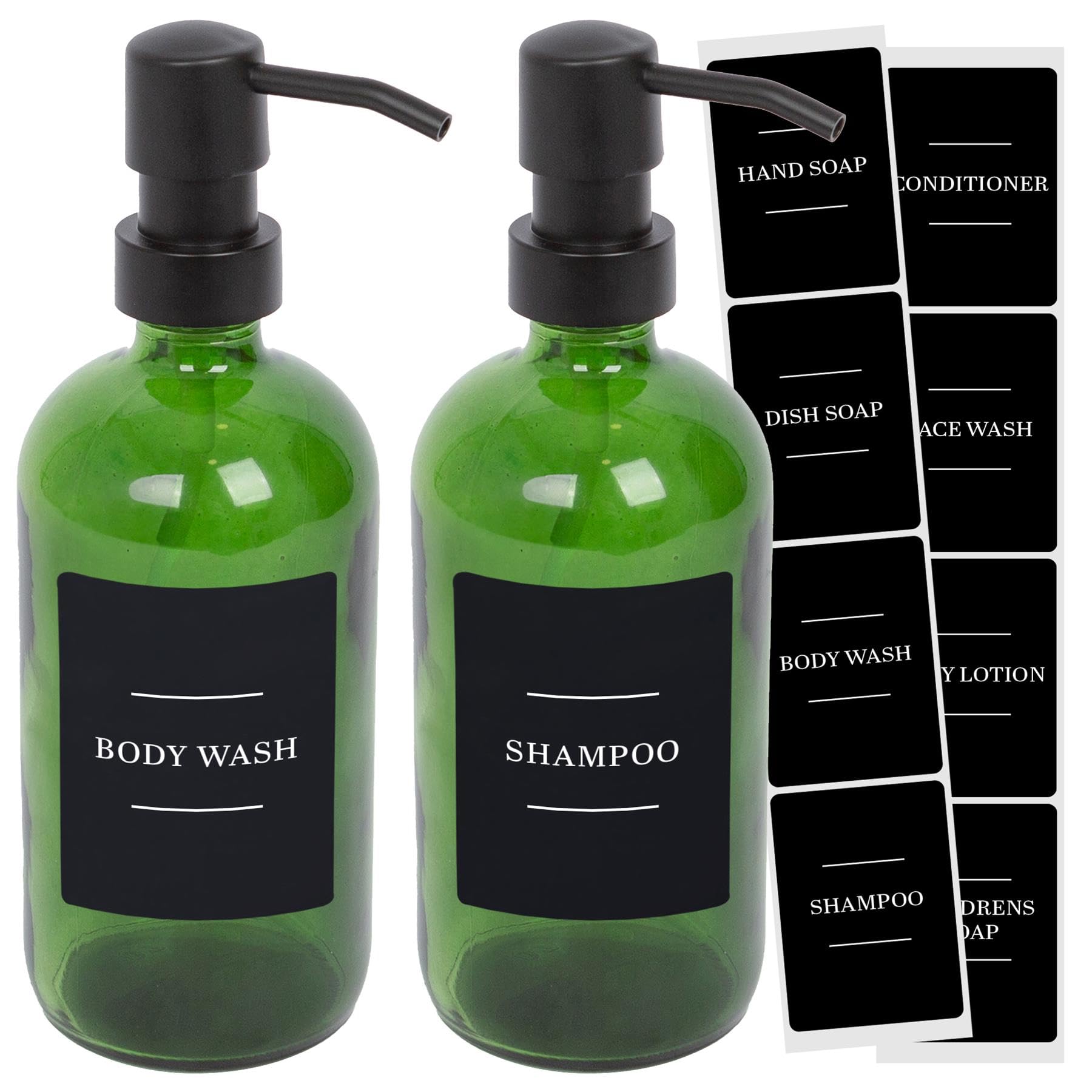Harbour Housewares Glass Soap Dispensers with Labels Pack of 2-500ml Green Refillable Bottles with Pumps and Black Labels - Bathroom and Kitchen Accessories for Hand Wash, Lotion or Sanitiser