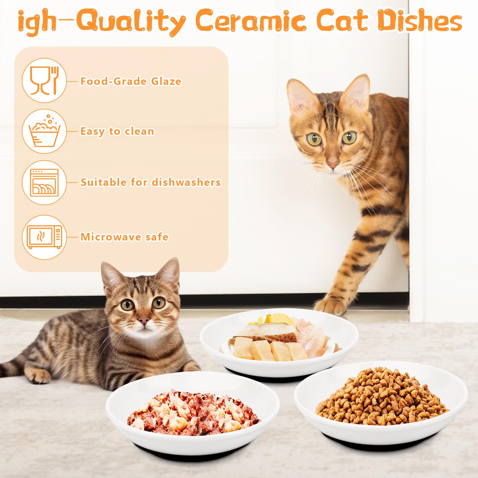 Set di 3 ciotole per gatti, in ceramica, con fondo in silicone antiscivolo, per gatti, piatta, allevia l'affaticamento dei baffi, per cibo e acqua, per gatti
