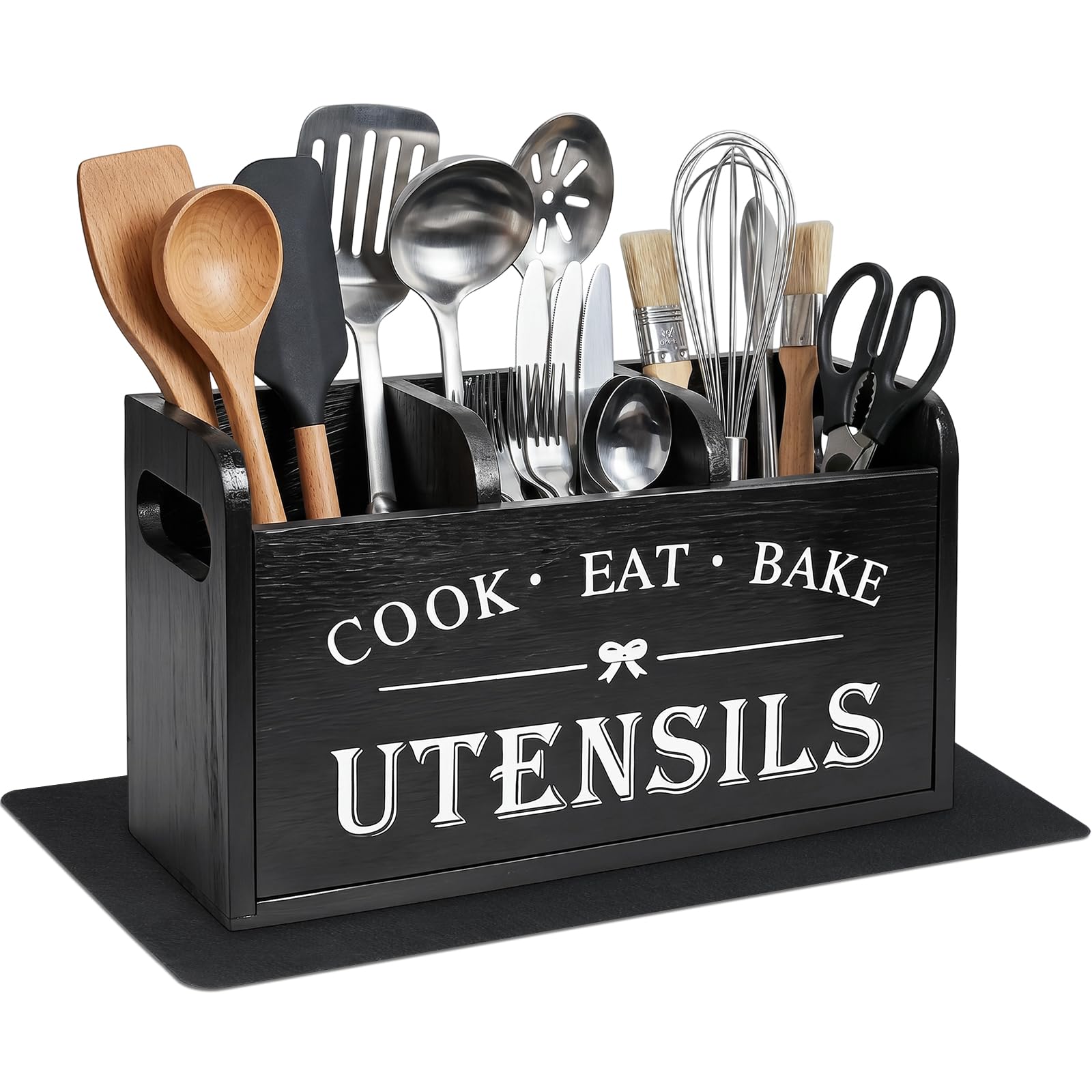 Kitchen Utensils Holder Black Utensil Holder with 3 Compartments & Handle