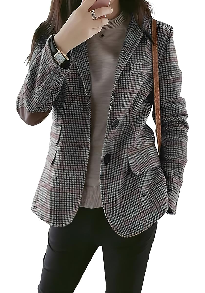 ebossy Womens Vintage Nothced Lapel Single Breasted Boyfriend Blazer Suits Houndstooth Plaid Jacket Coat with Patched Elbow