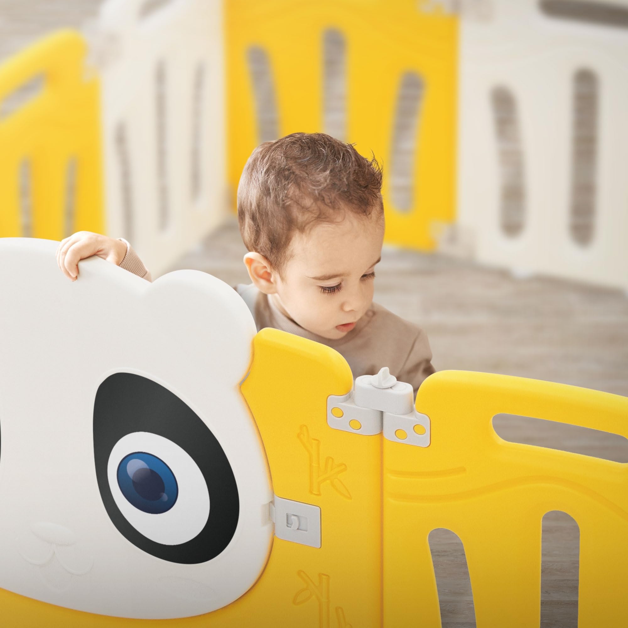 Joyz Box Bambini 160x160 cm Pieghevole Design Panda Bianco/Giallo Cancelletto con Porta e Orologio Didattico Recinto in Plastica per Interni/Esterni Cancelletto per l’Esplorazione dei Neonati