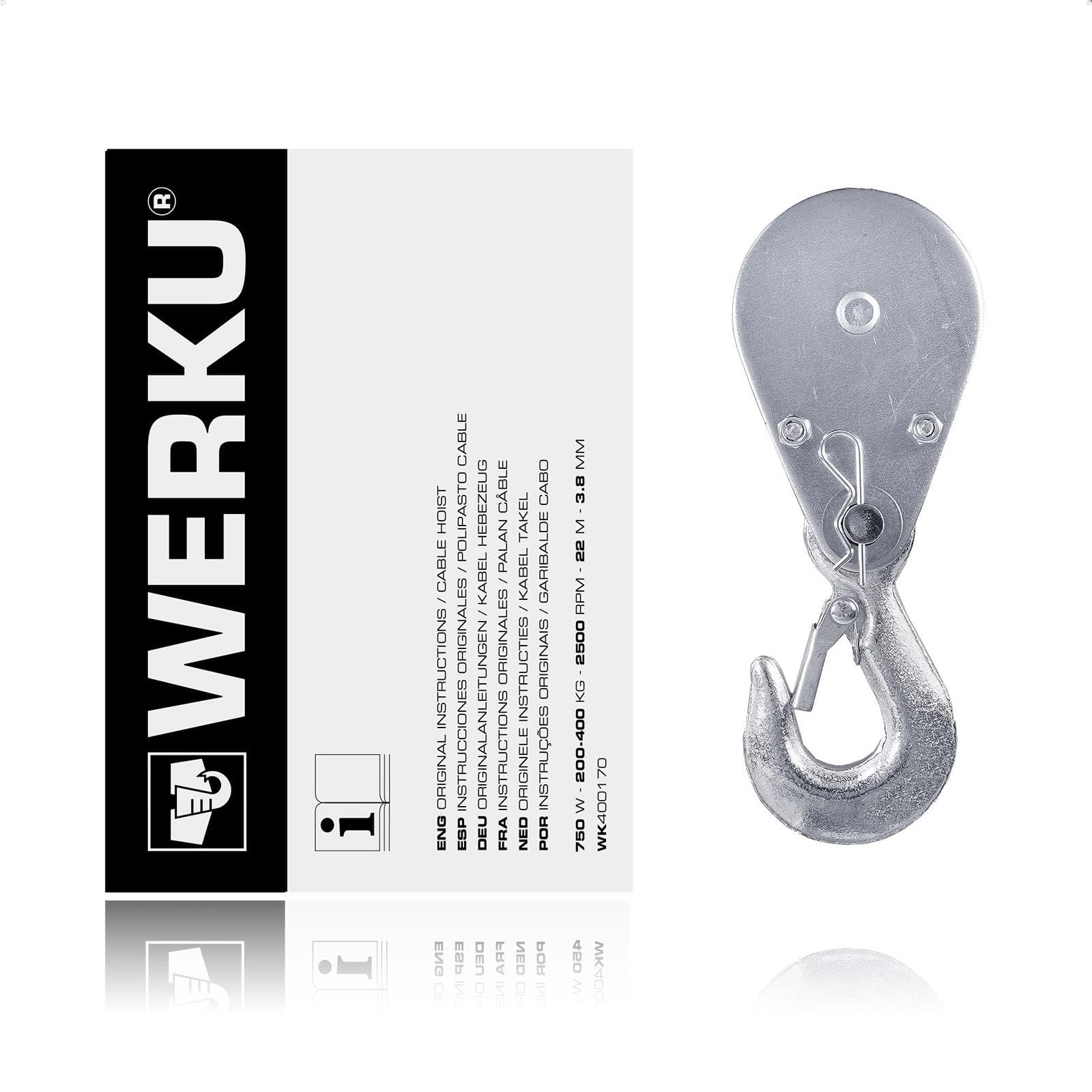 Werku WK400170, Polipasto Cable, Calidad Profesional, Carga 400 kg, Potencia 750 W, Protección IP54, Altura 22 M