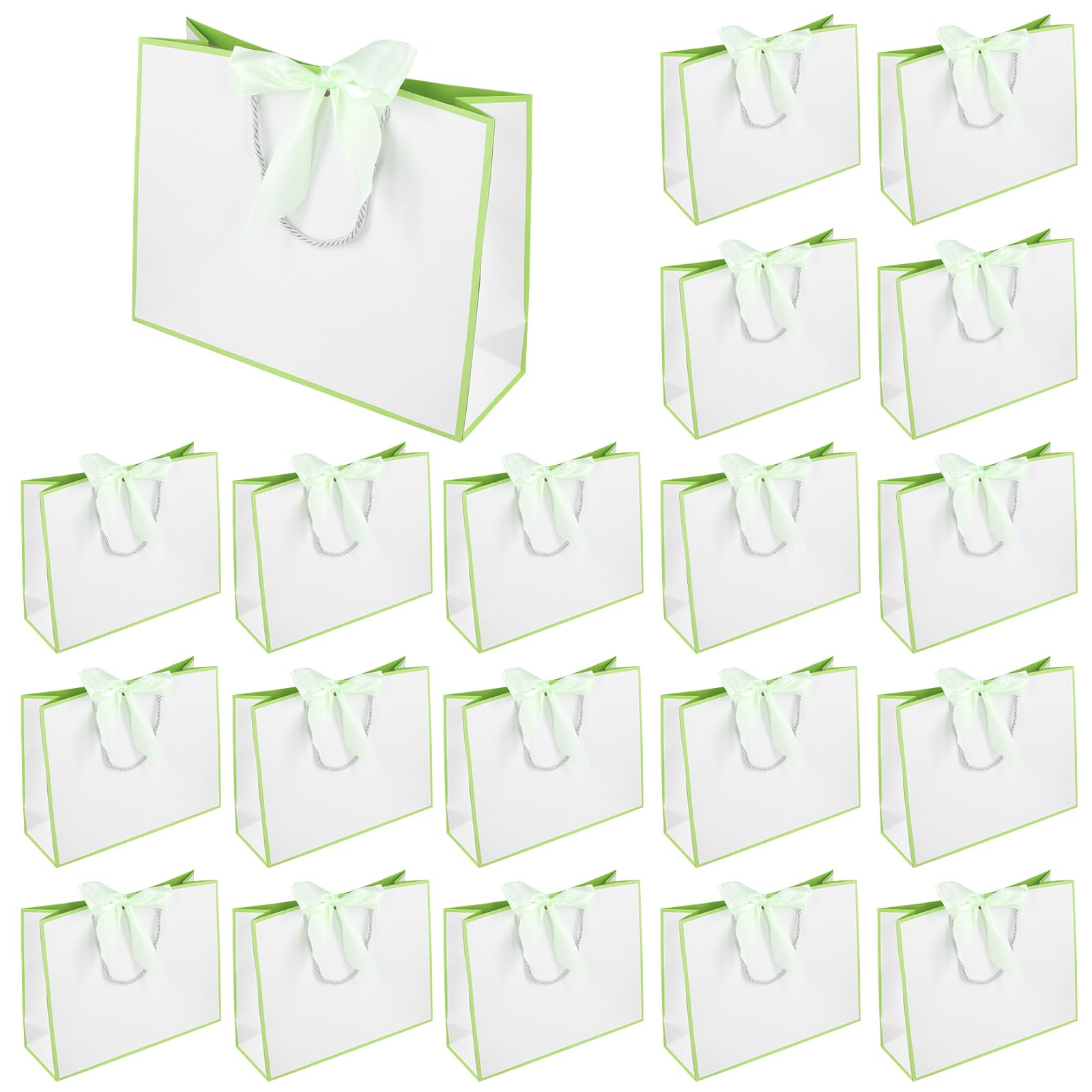 SINJEUN 20 PCS White Green Gift Bags with Ribbon and Handles, Large Paper Party Gift Bags for Presents, 32 x 25 x 11cm, Luxury Present Bags for Birthday Wedding Festival