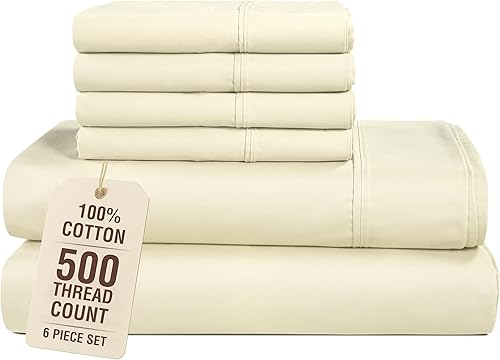 Casa Platino Juego de sábanas de tamaño King, 100% algodón, 6 piezas con acabado satinado suave y sedoso de 500 hilos, juego de sábanas de algodón