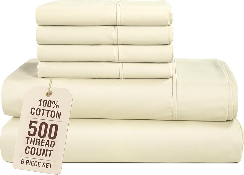 Casa Platino King Size Bed Sheets, 100% Cotton 6 Piece Sheet Set with 500 Thread Count Silky Smooth Sateen Finish, Ultra Soft Cotton Sheet King Size Set with 15 Inch Deep Pocket Fitted Sheet – Ivory